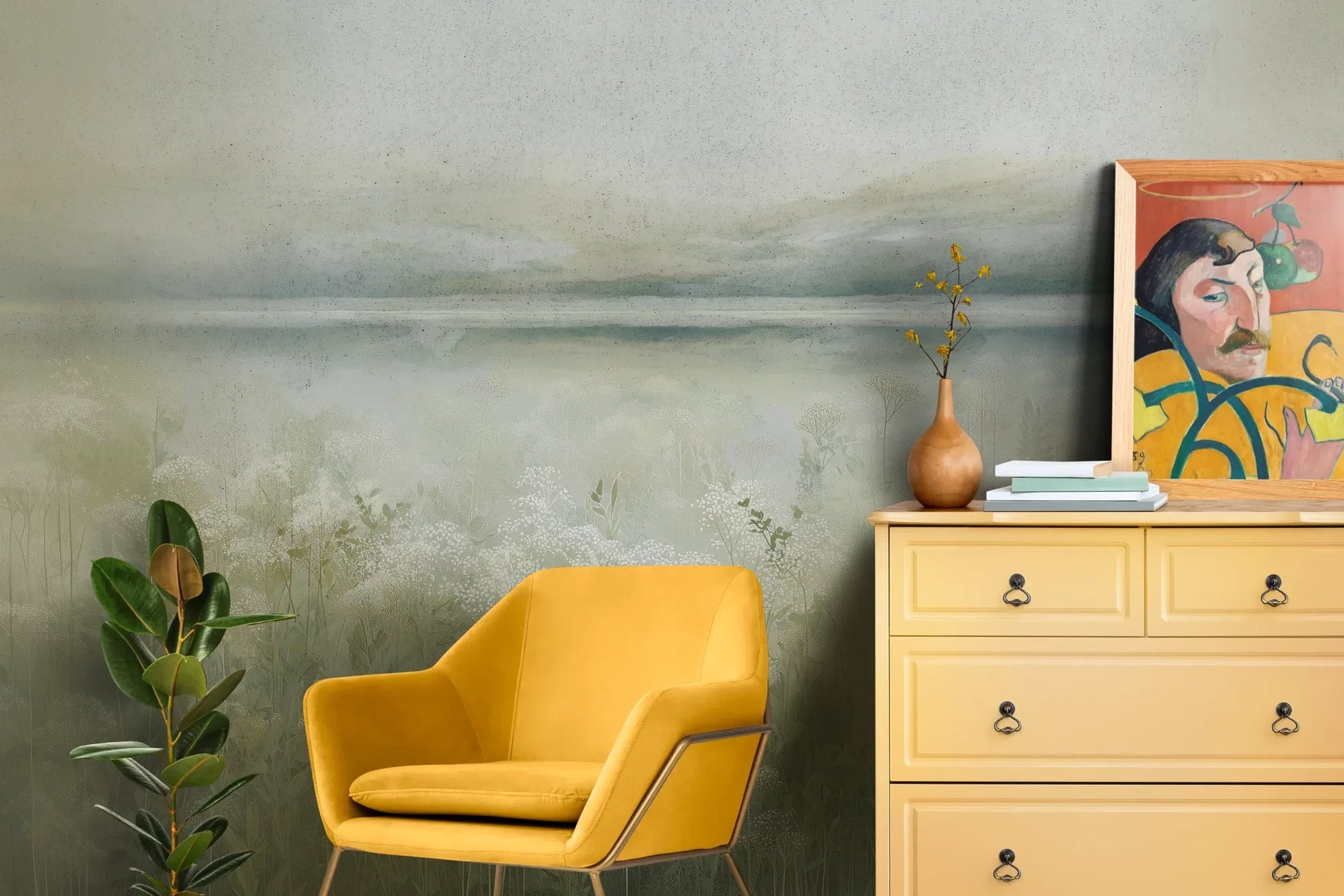 Wzór fototapety HORIZON REVERIE - tapeta z delikatną łąką w porannej mgle pokazanej w aranżacji salonu.