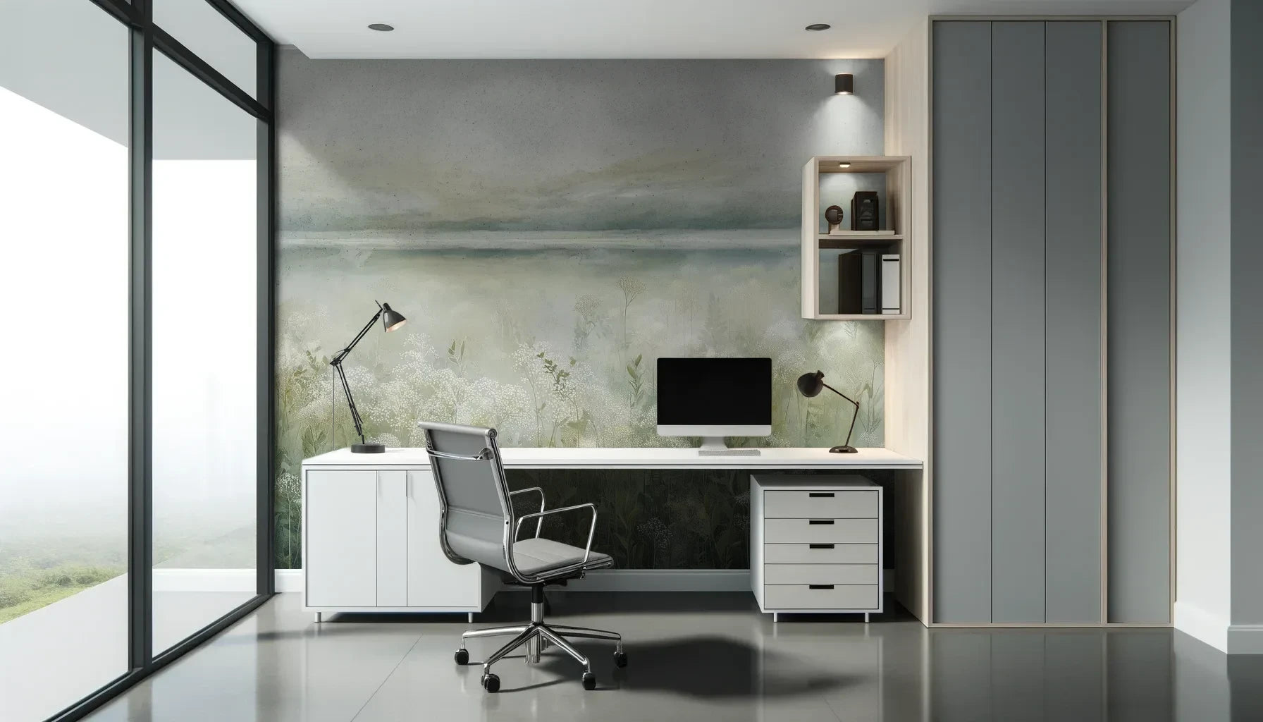 Fototapeta HORIZON REVERIE - tapeta z delikatną łąką w porannej mgle pokazana w aranżacji biura.