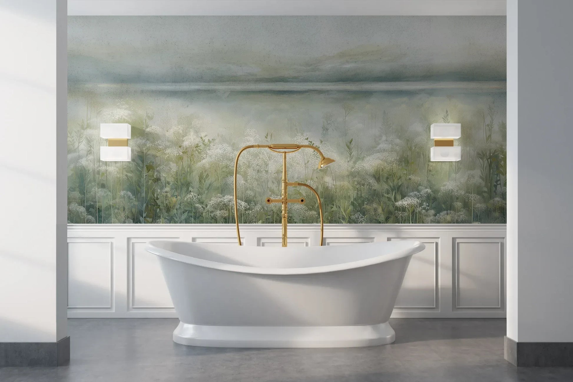 Wzór fototapety HORIZON REVERIE - tapeta z delikatną łąką w porannej mgle pokazanej w aranżacji łazienki.