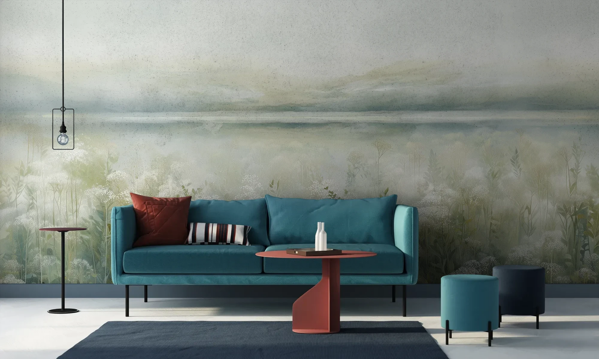 Wzór fototapety HORIZON REVERIE - tapeta z delikatną łąką w porannej mgle pokazanej w aranżacji salonu.