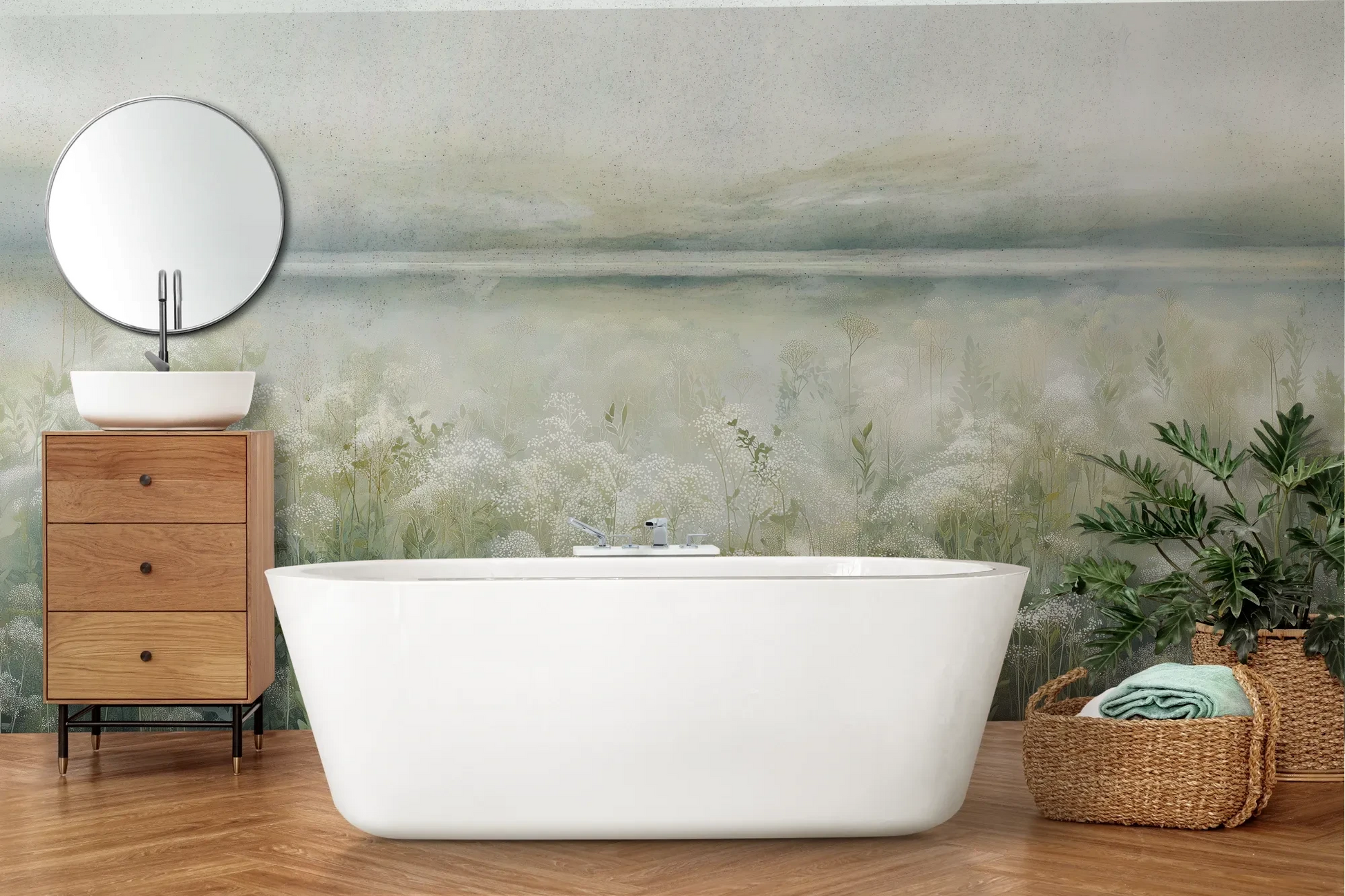 Wzór fototapety HORIZON REVERIE - tapeta z delikatną łąką w porannej mgle pokazanej w aranżacji łazienki.