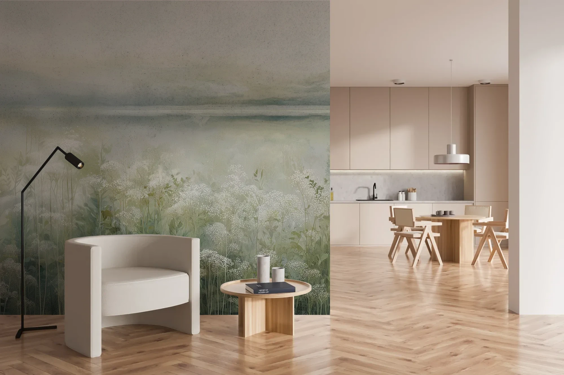 Wzór fototapety HORIZON REVERIE - tapeta z delikatną łąką w porannej mgle pokazanej w aranżacji kuchni.