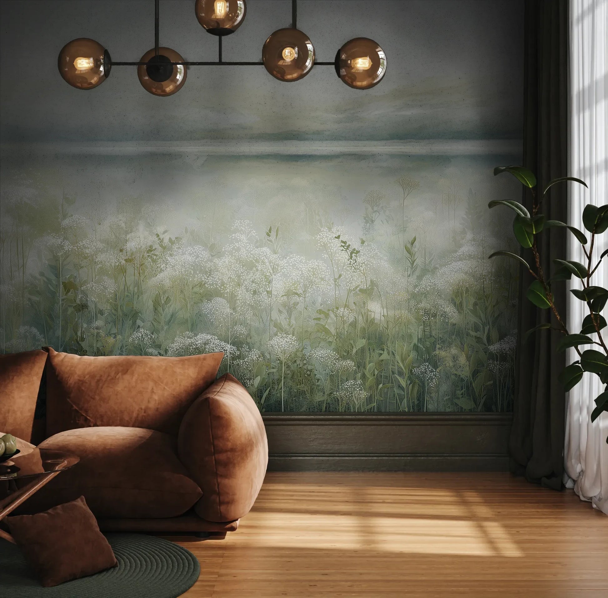 Fototapeta HORIZON REVERIE - tapeta z delikatną łąką w porannej mgle pokazana w aranżacji wnętrza z akcentem na ścianie.