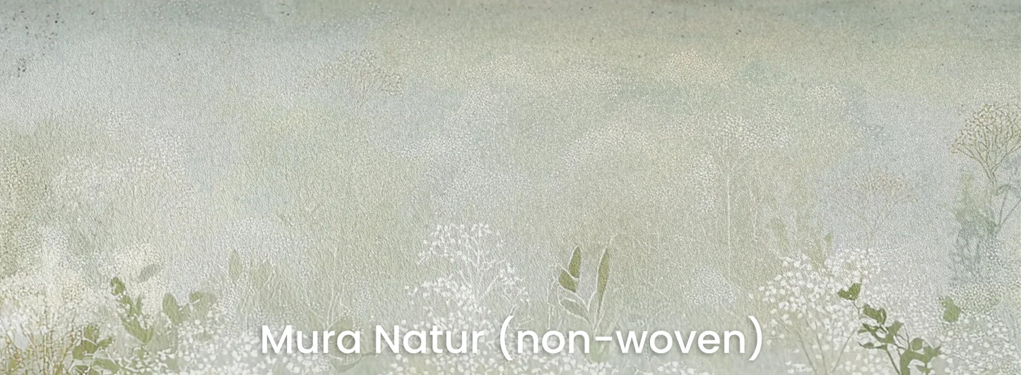 Zbliżenie na fototapetę HORIZON REVERIE - tapeta z delikatną łąką w porannej mgle na naturalnym podłożu ekologicznym.