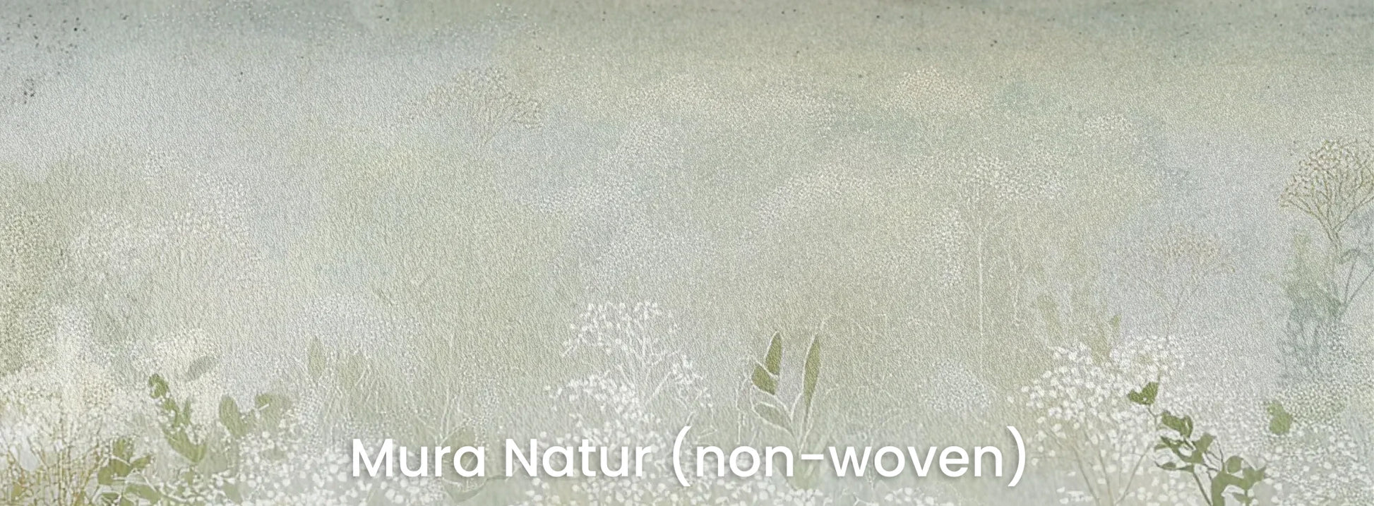 Zbliżenie na fototapetę HORIZON REVERIE - tapeta z delikatną łąką w porannej mgle na naturalnym podłożu ekologicznym.