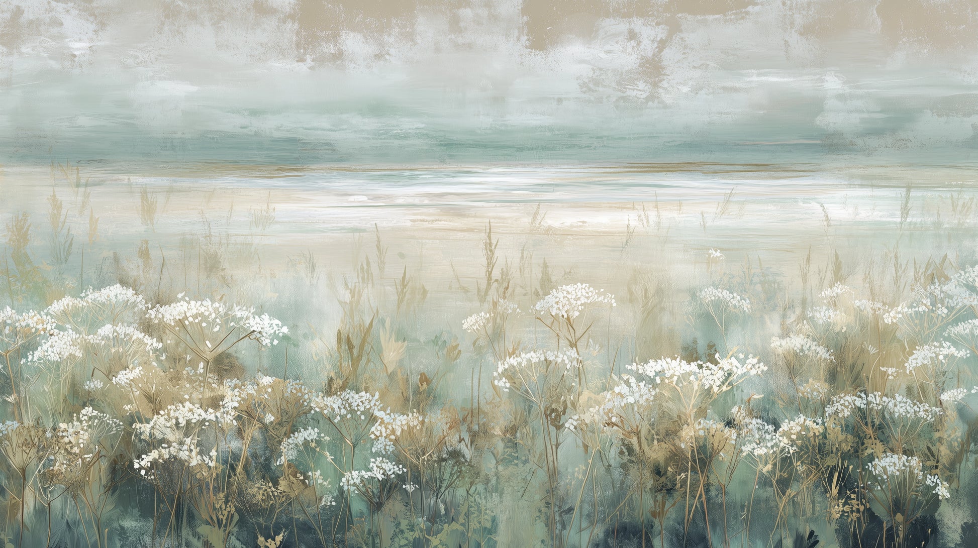 Prezentacja całego wzoru fototapety o nazwie OPALESCENT WILDFIELDS - tapeta z miękkimi akcentami łąki