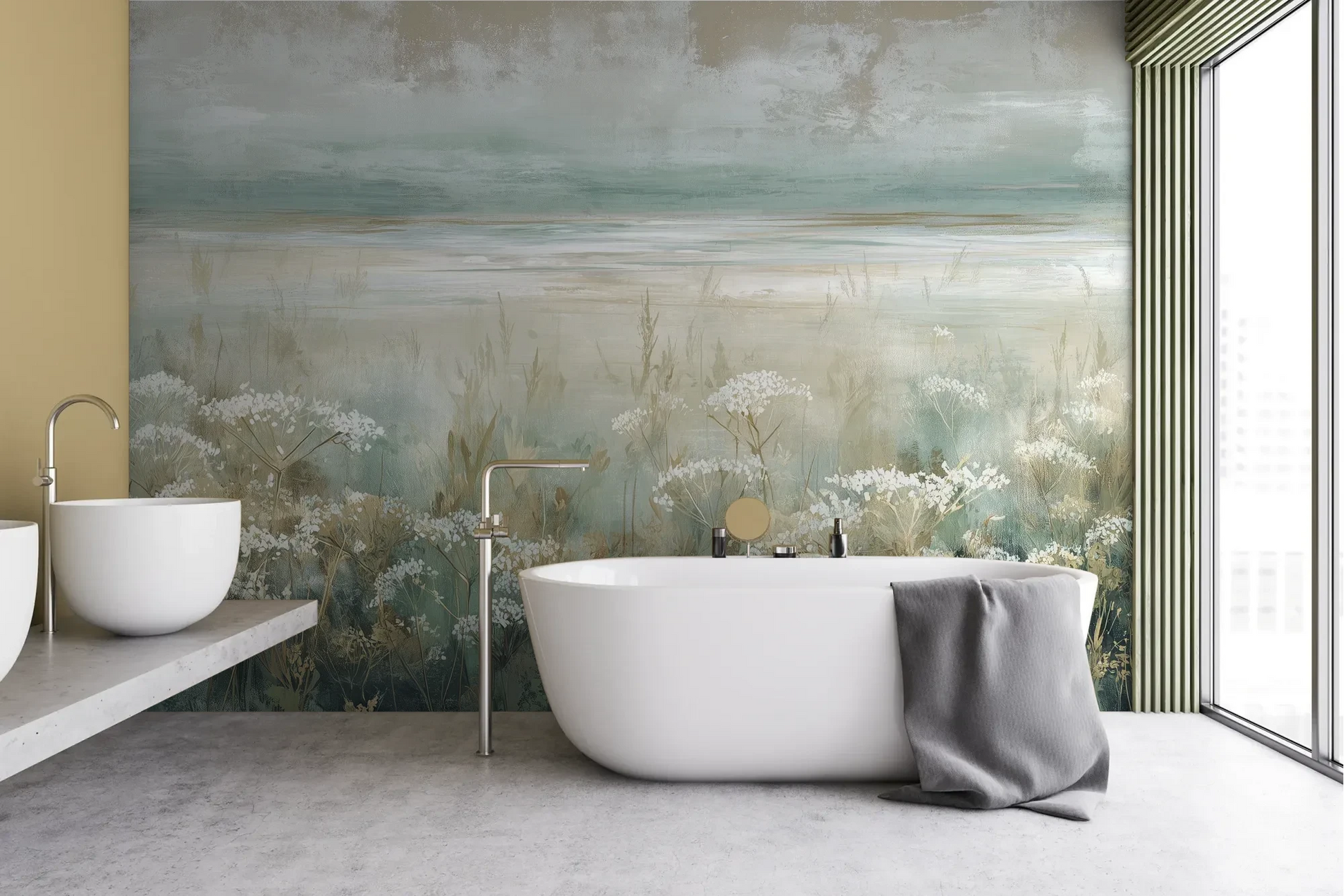 Wzór fototapety OPALESCENT WILDFIELDS - tapeta z miękkimi akcentami łąki pokazanej w aranżacji łazienki.