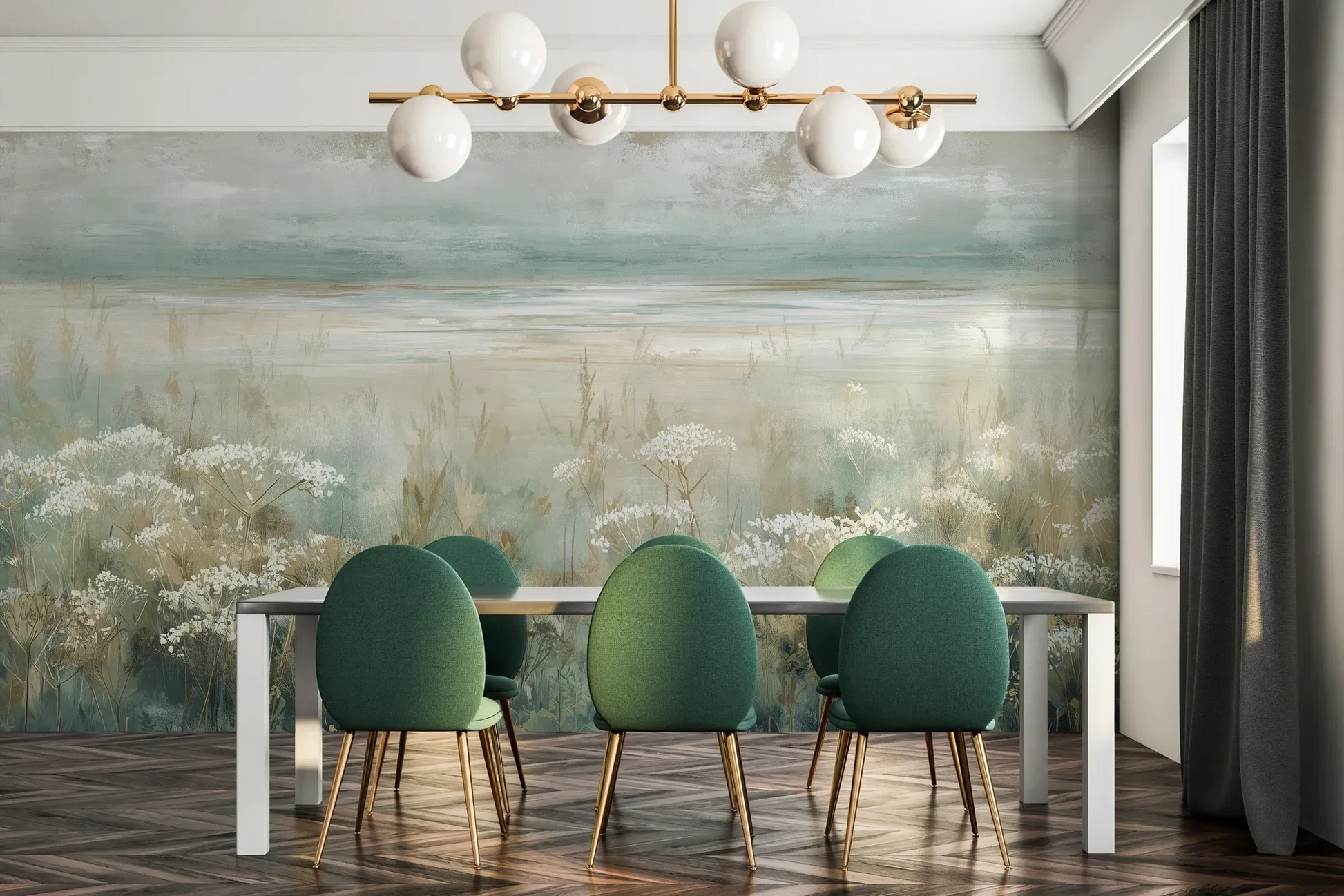 Fototapeta OPALESCENT WILDFIELDS - tapeta z miękkimi akcentami łąki pokazana w aranżacji jadalni.