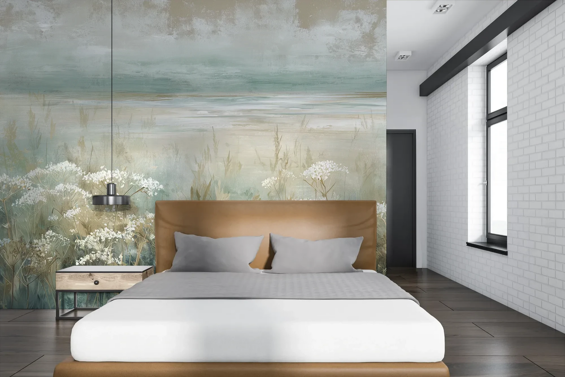 Wzór fototapety OPALESCENT WILDFIELDS - tapeta z miękkimi akcentami łąki pokazanej w aranżacji sypialni.