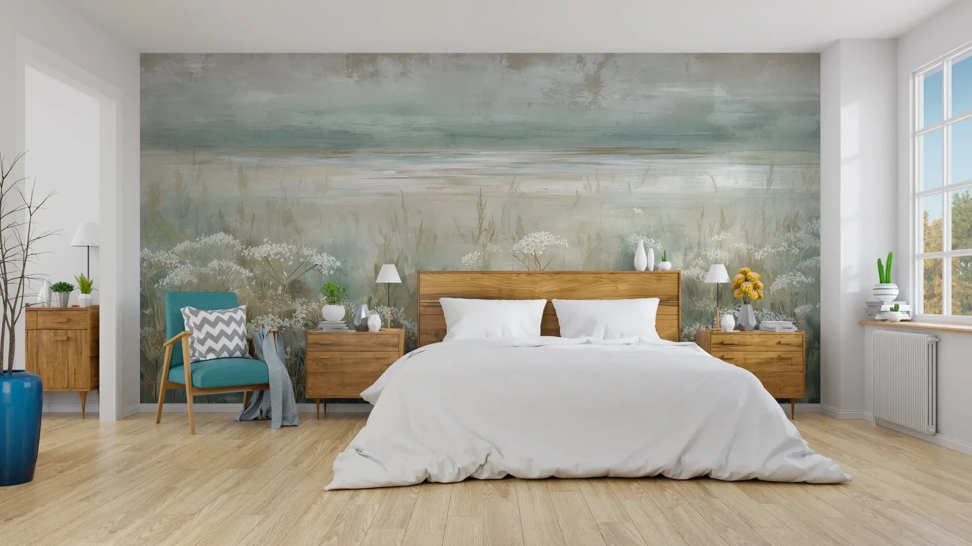 Wzór fototapety OPALESCENT WILDFIELDS - tapeta z miękkimi akcentami łąki pokazanej w aranżacji sypialni.