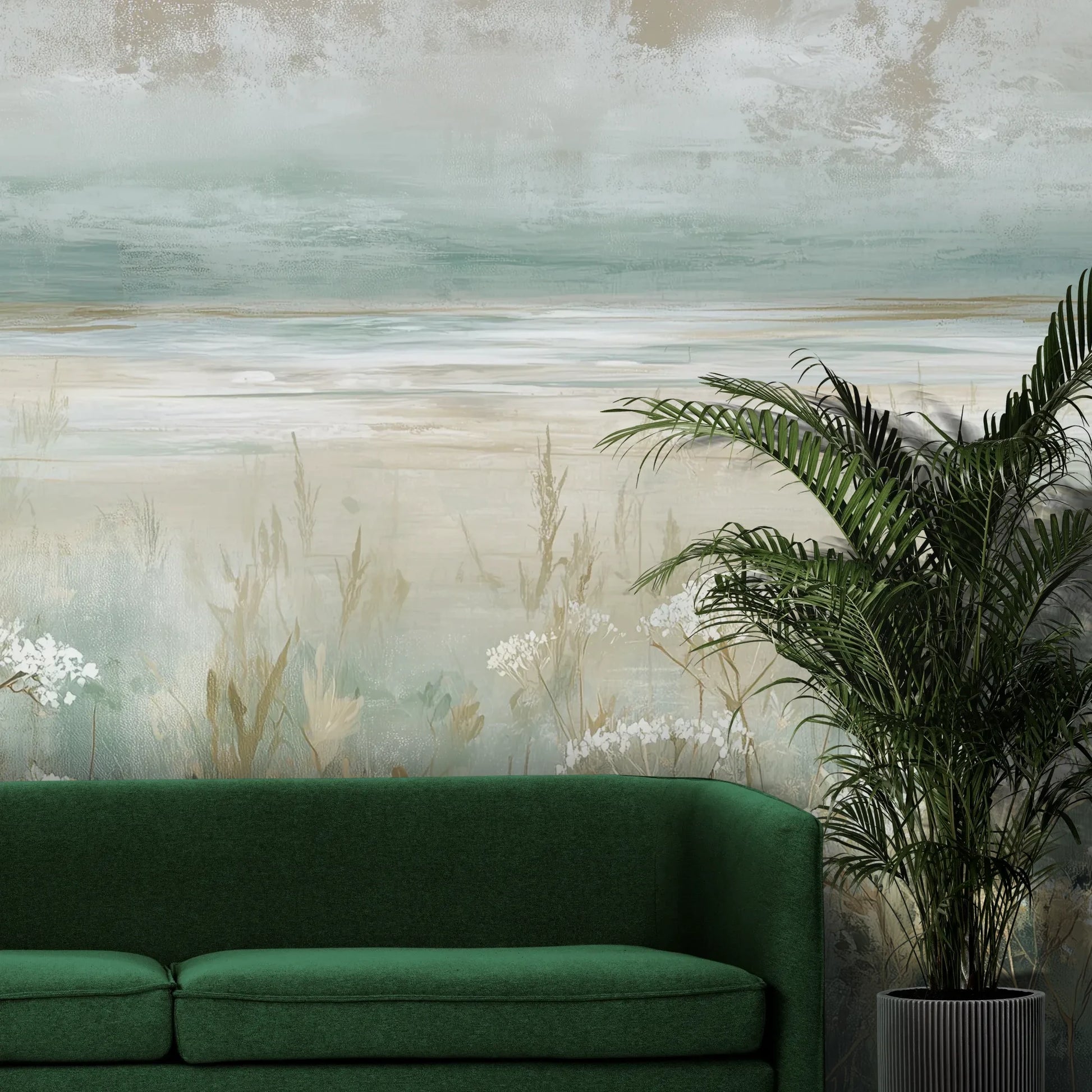 Fototapeta OPALESCENT WILDFIELDS - tapeta z miękkimi akcentami łąki pokazana w aranżacji wnętrza z akcentem na ścianie.