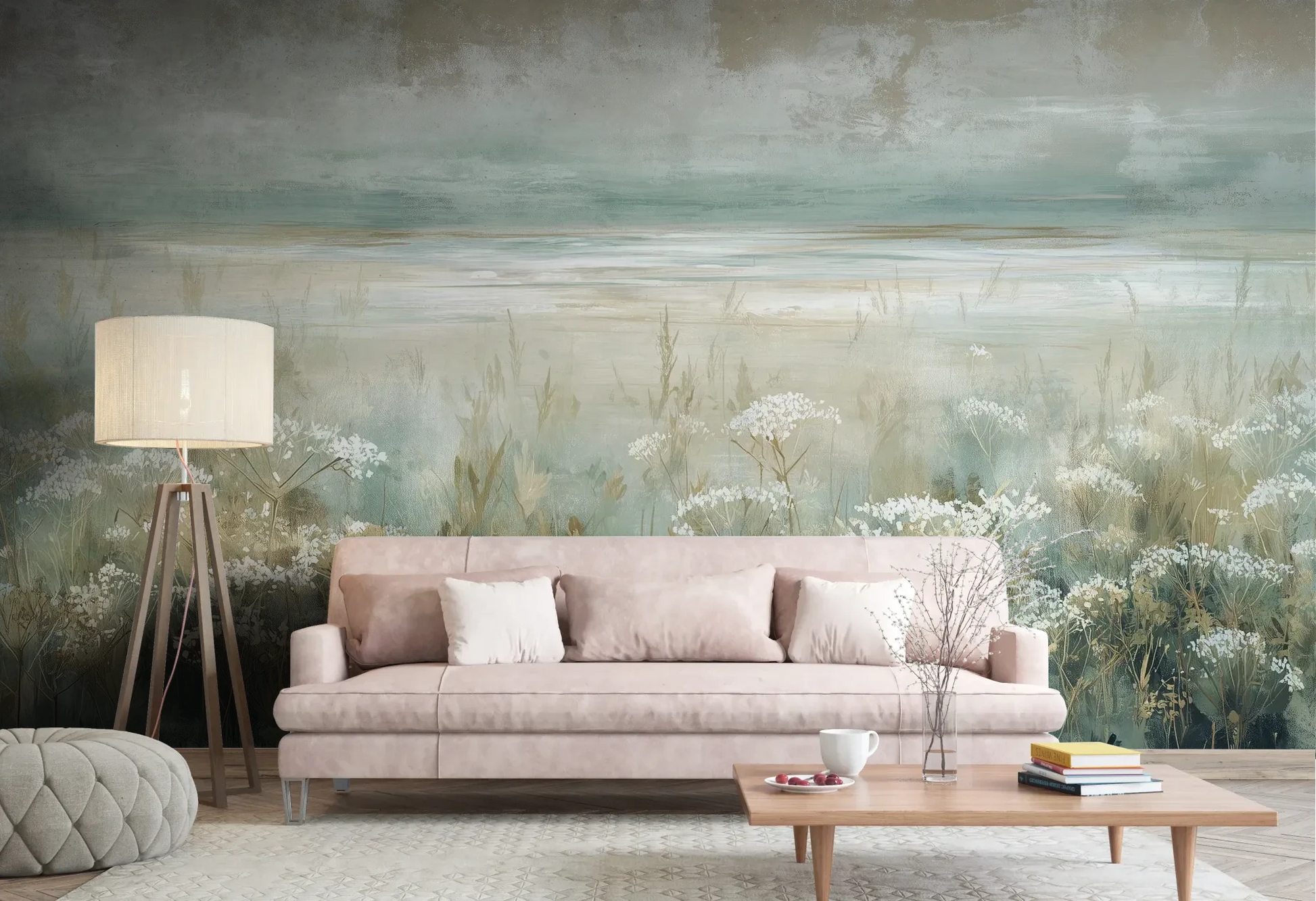 Wzór fototapety OPALESCENT WILDFIELDS - tapeta z miękkimi akcentami łąki pokazanej w aranżacji salonu.