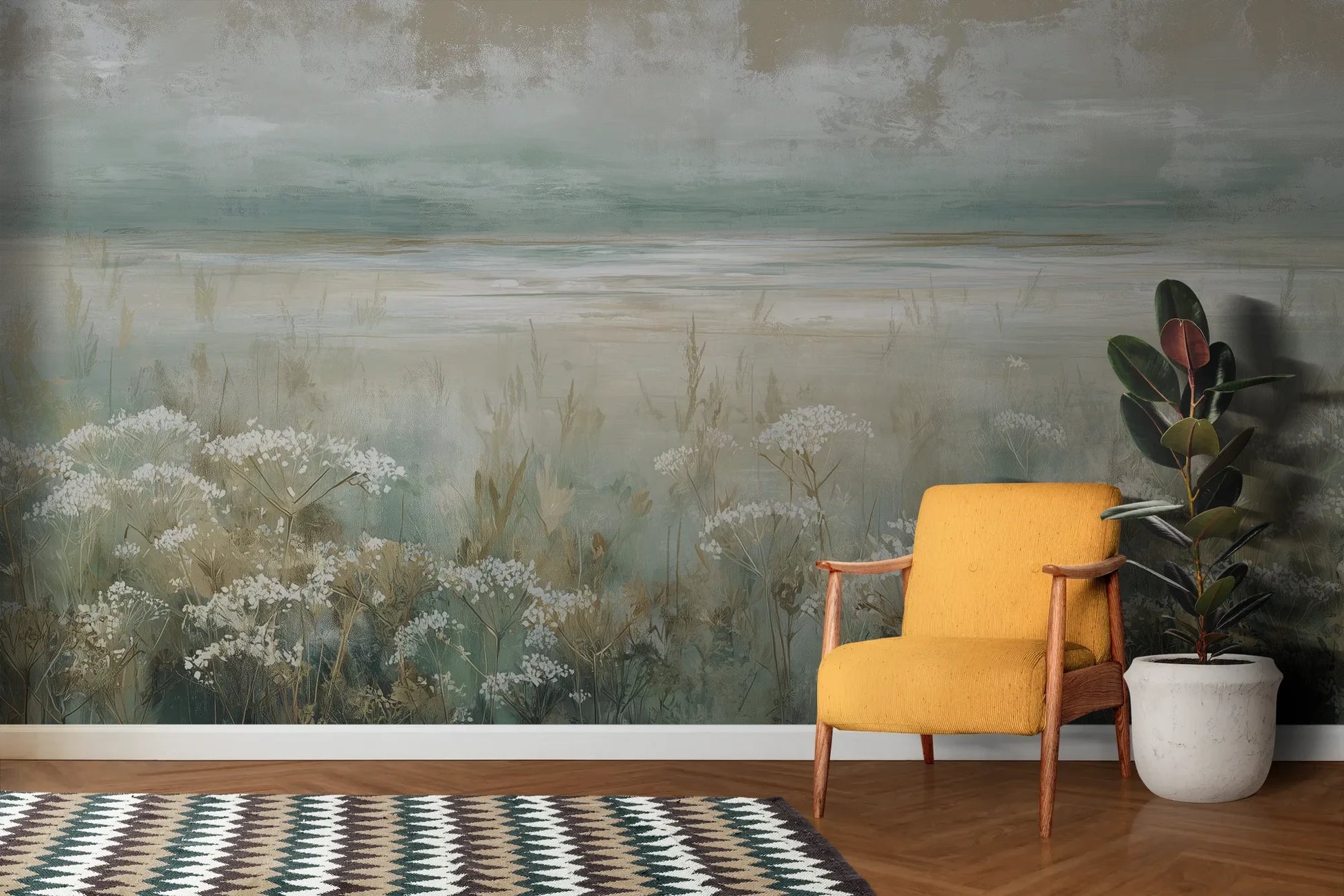 Wzór fototapety OPALESCENT WILDFIELDS - tapeta z miękkimi akcentami łąki pokazanej w aranżacji salonu.