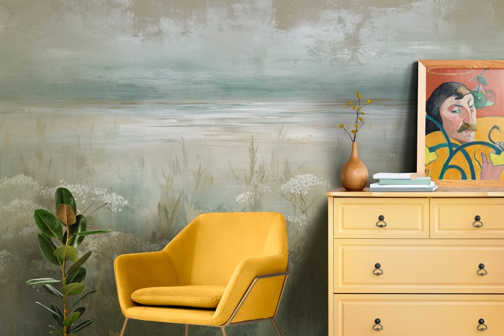 Wzór fototapety OPALESCENT WILDFIELDS - tapeta z miękkimi akcentami łąki pokazanej w aranżacji salonu.