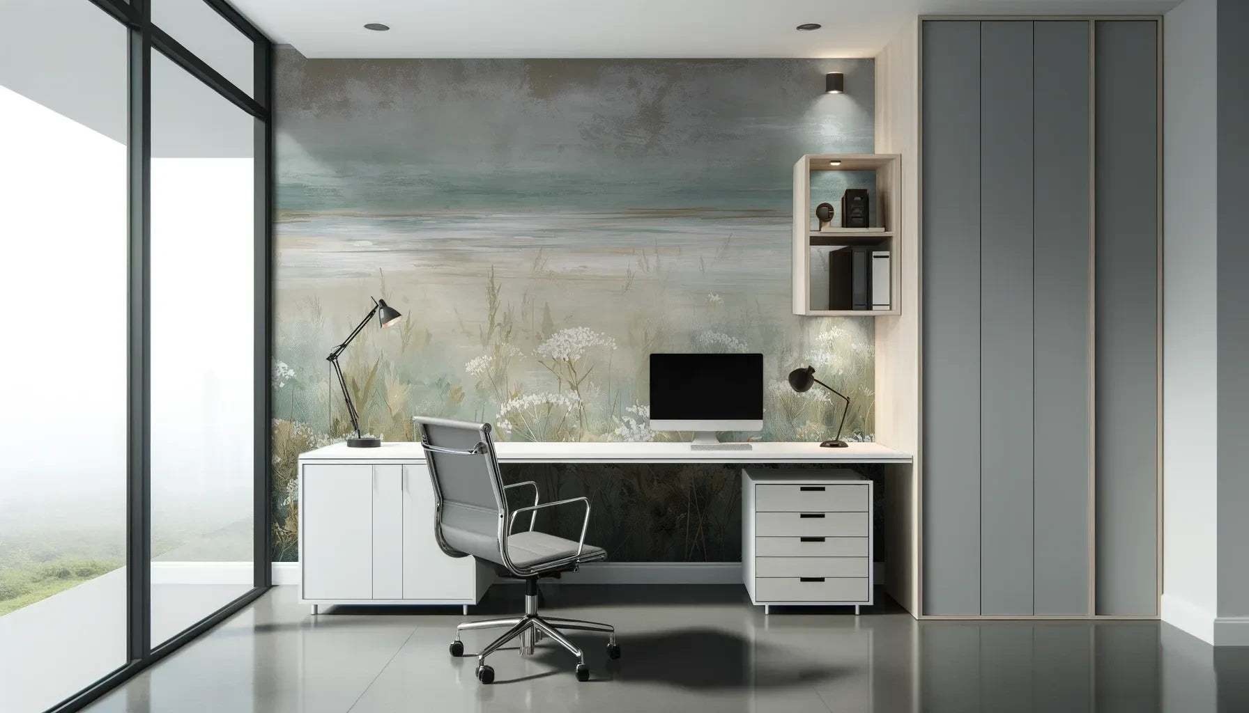 Fototapeta OPALESCENT WILDFIELDS - tapeta z miękkimi akcentami łąki pokazana w aranżacji biura.