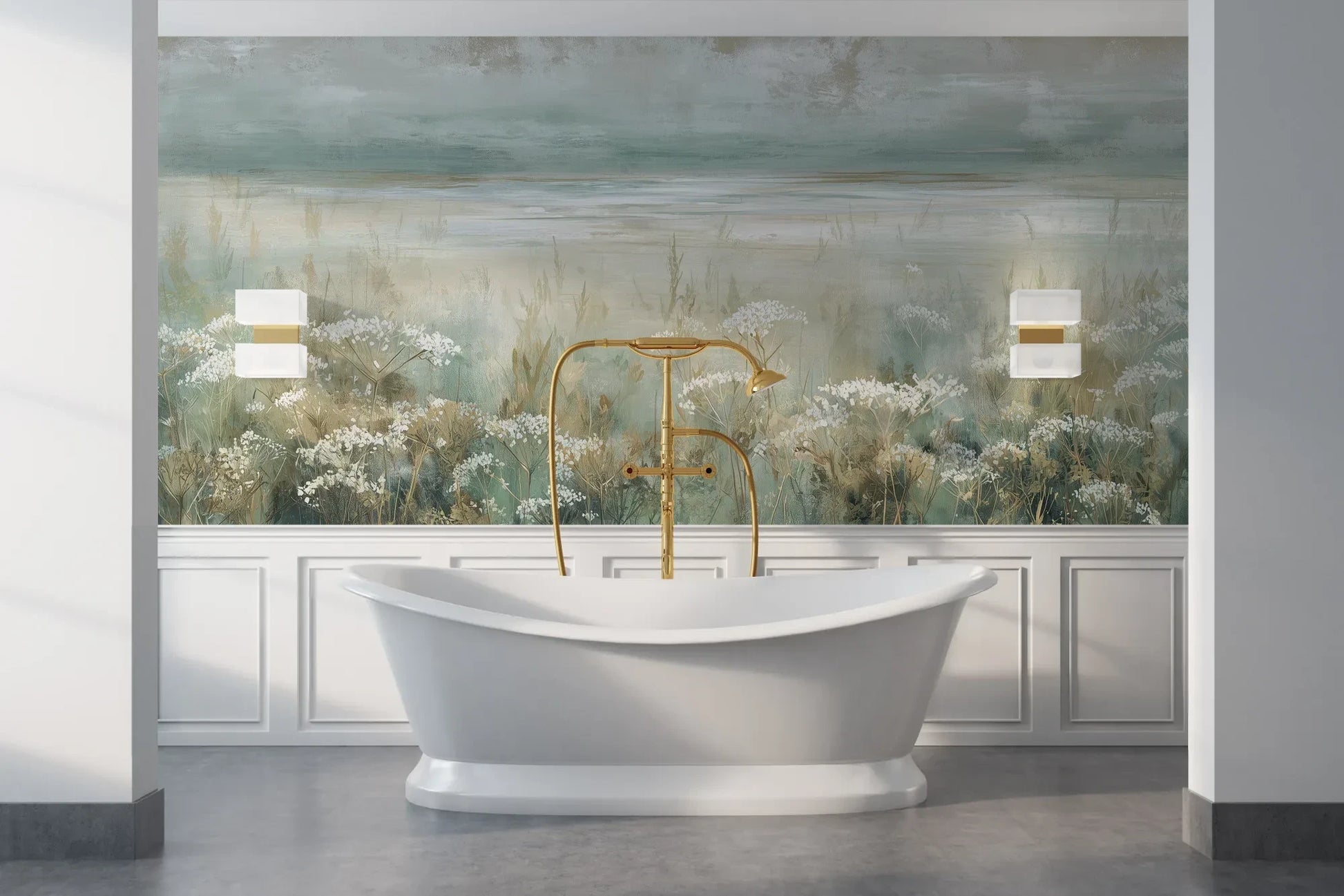 Wzór fototapety OPALESCENT WILDFIELDS - tapeta z miękkimi akcentami łąki pokazanej w aranżacji łazienki.