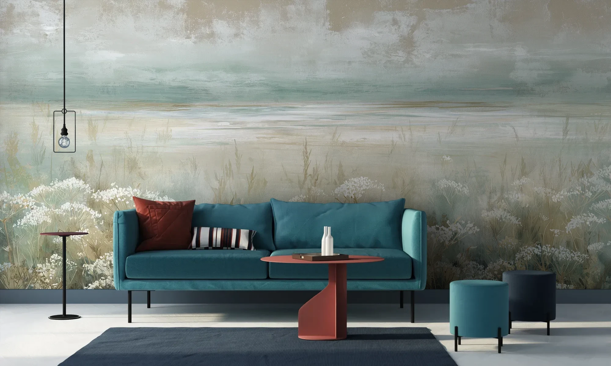 Wzór fototapety OPALESCENT WILDFIELDS - tapeta z miękkimi akcentami łąki pokazanej w aranżacji salonu.