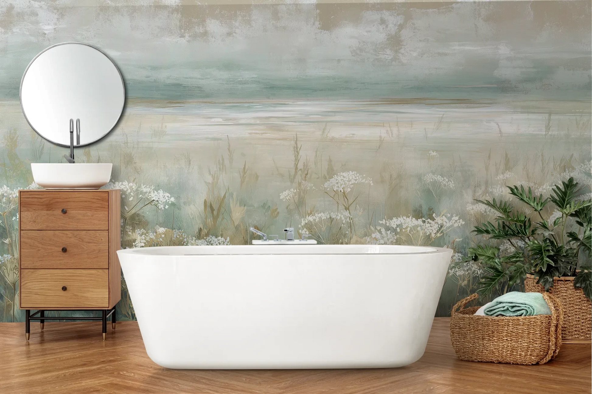 Wzór fototapety OPALESCENT WILDFIELDS - tapeta z miękkimi akcentami łąki pokazanej w aranżacji łazienki.