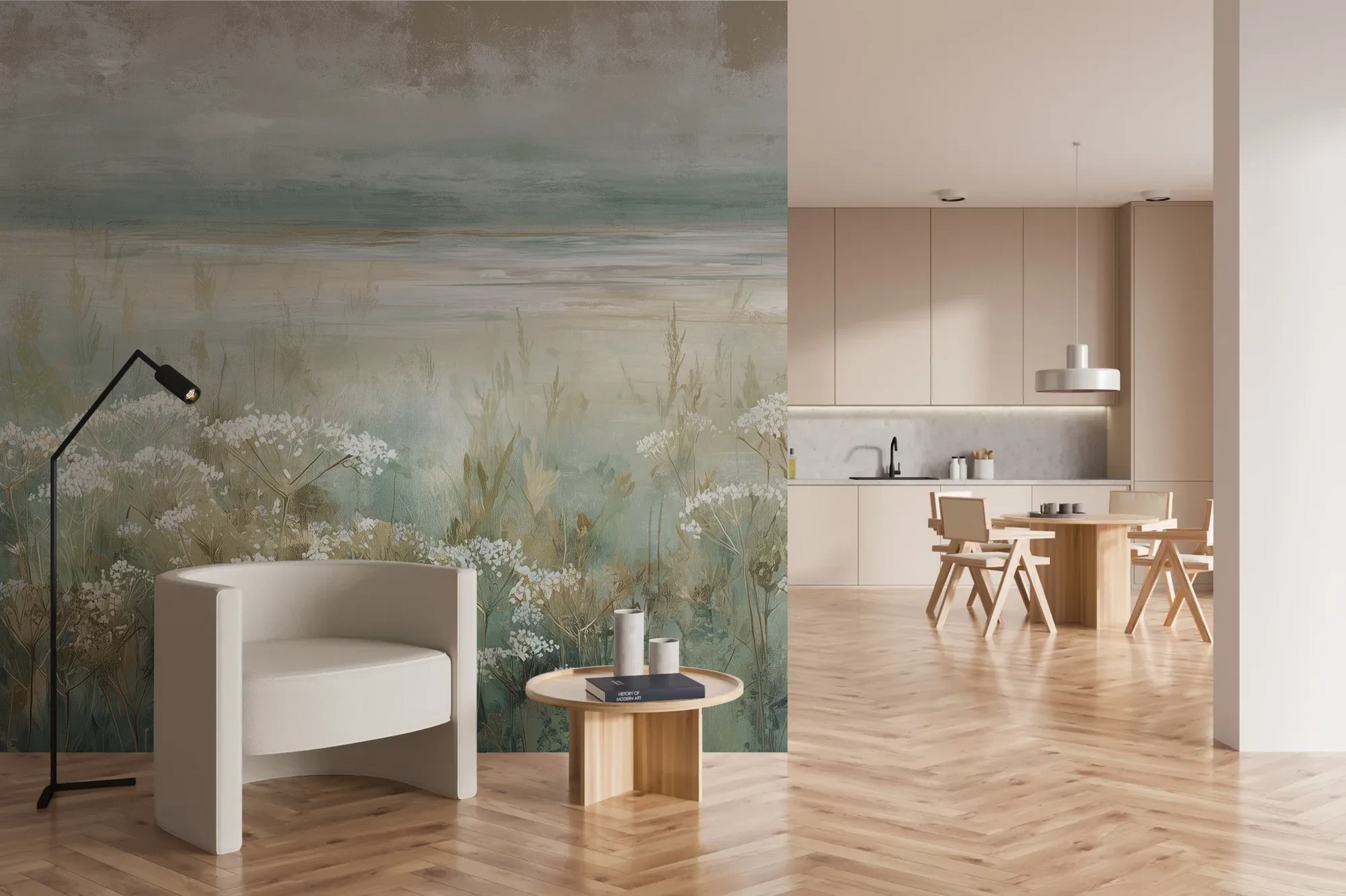 Wzór fototapety OPALESCENT WILDFIELDS - tapeta z miękkimi akcentami łąki pokazanej w aranżacji kuchni.