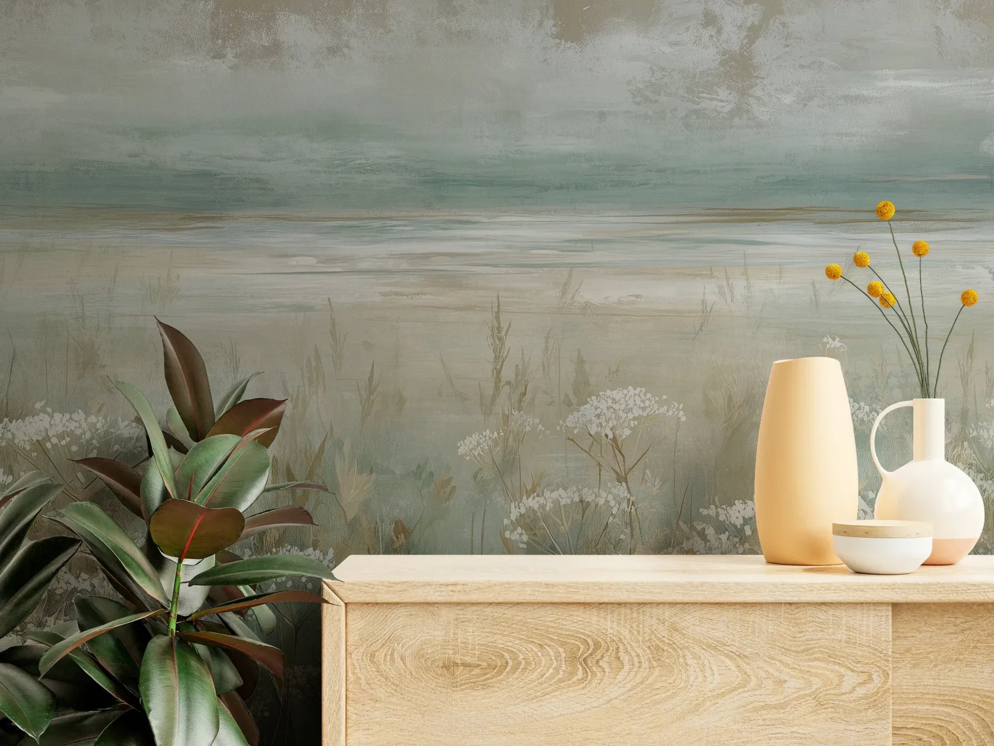 Fototapeta OPALESCENT WILDFIELDS - tapeta z miękkimi akcentami łąki pokazana w aranżacji wnętrza z akcentem na ścianie.