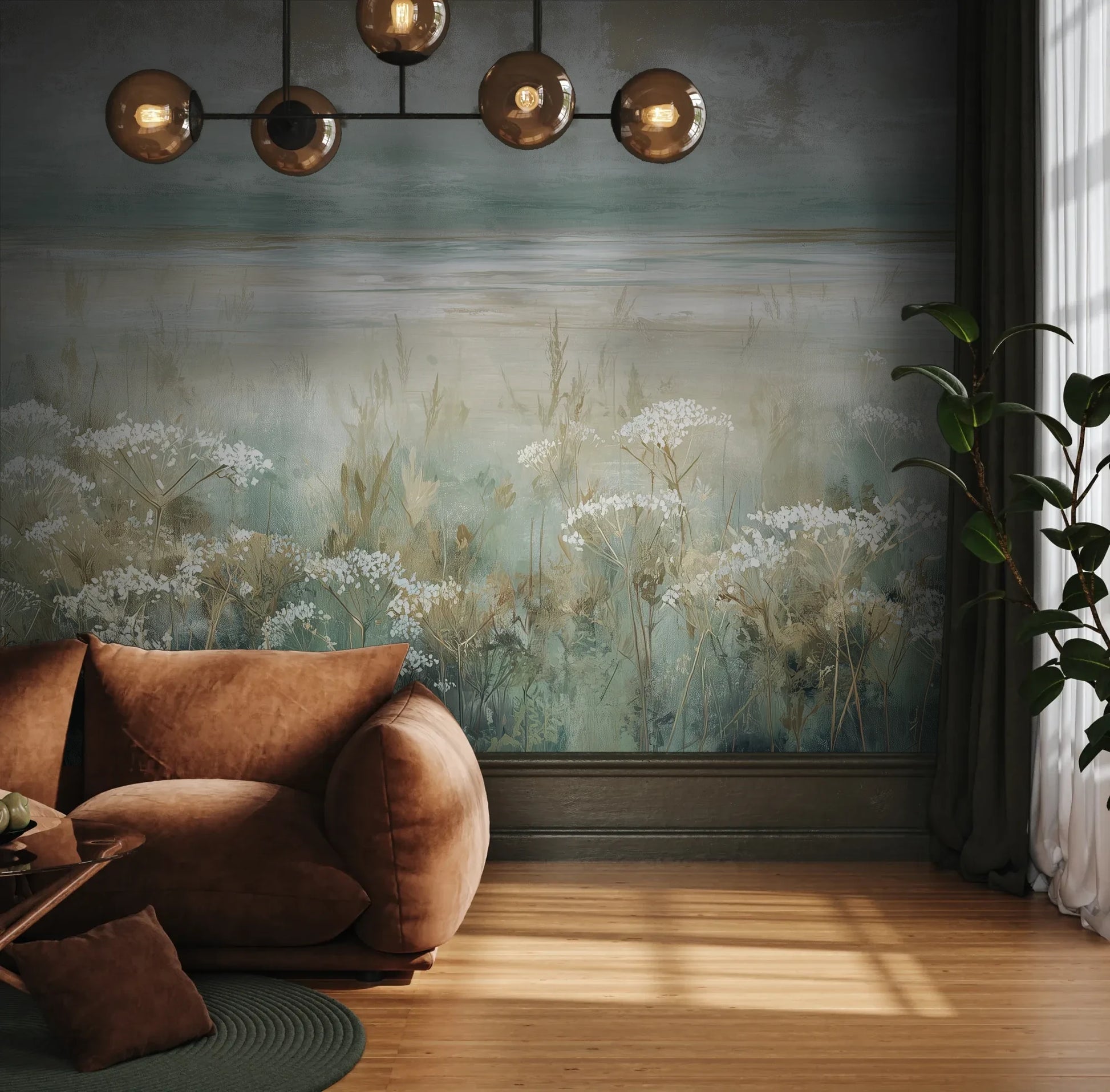 Fototapeta OPALESCENT WILDFIELDS - tapeta z miękkimi akcentami łąki pokazana w aranżacji wnętrza z akcentem na ścianie.