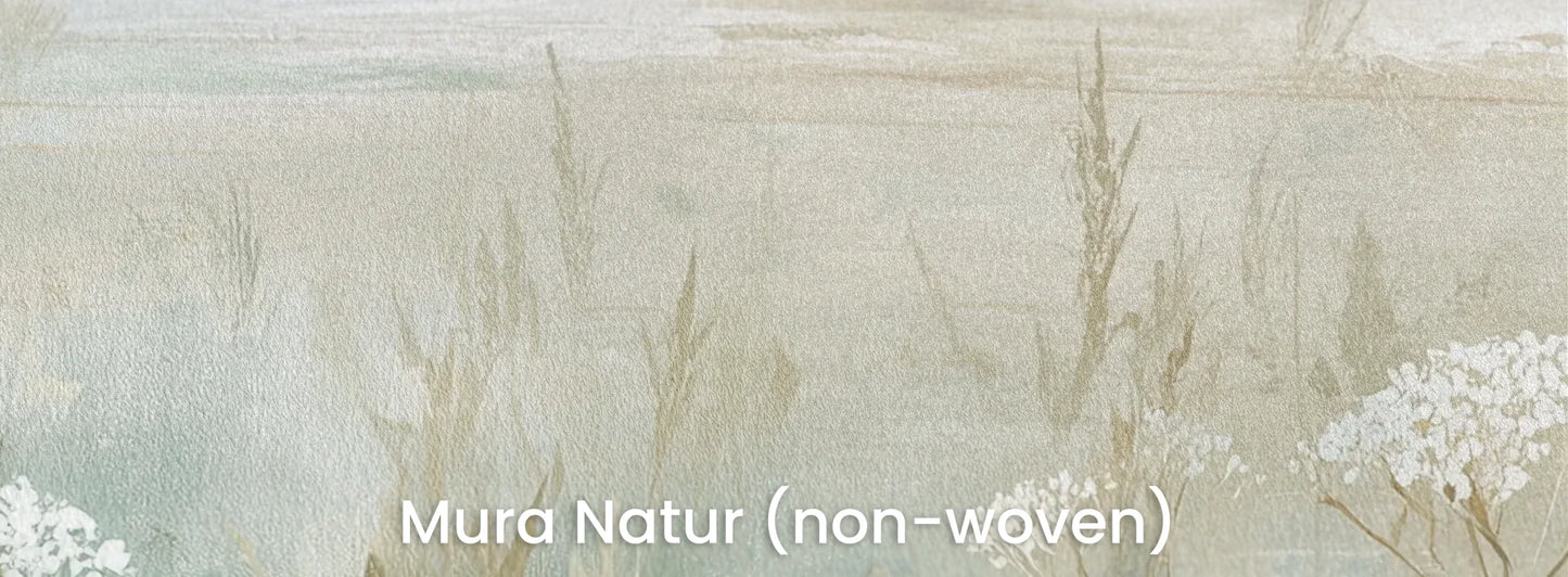 Zbliżenie na fototapetę OPALESCENT WILDFIELDS - tapeta z miękkimi akcentami łąki na naturalnym podłożu ekologicznym.