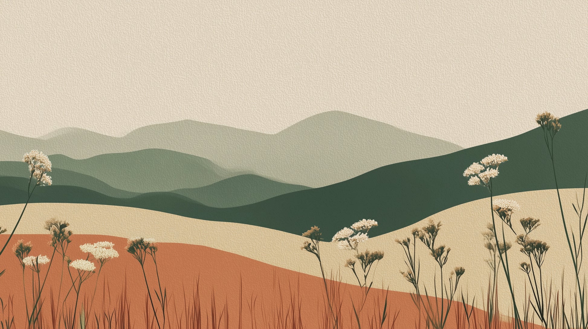 Prezentacja całego wzoru fototapety o nazwie TERRACOTTA HIGHLANDS - tapeta z łąką i górami