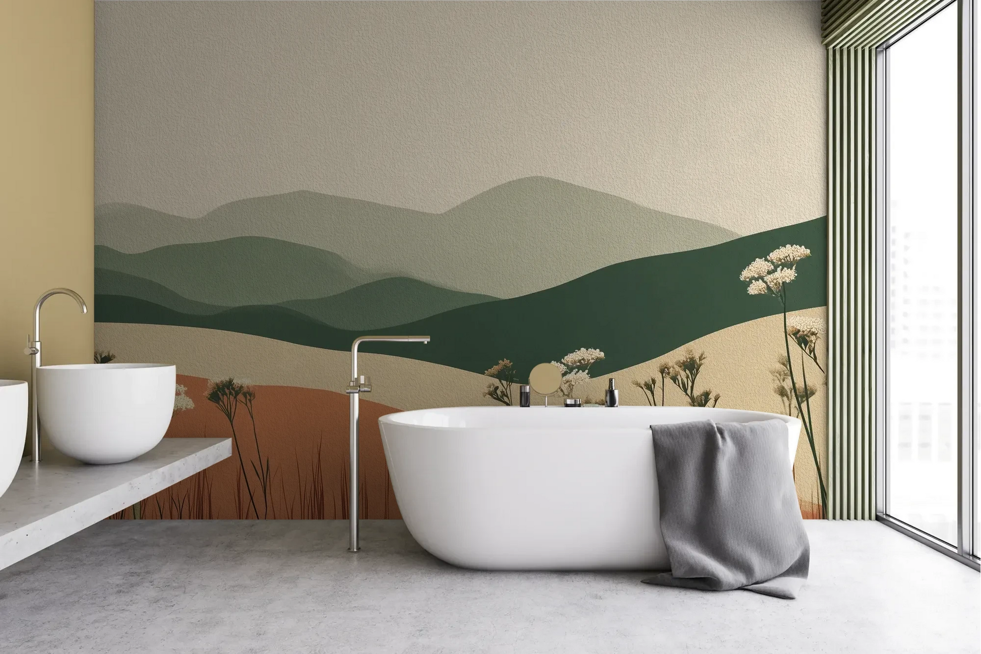 Wzór fototapety TERRACOTTA HIGHLANDS - tapeta z łąką i górami pokazanej w aranżacji łazienki.