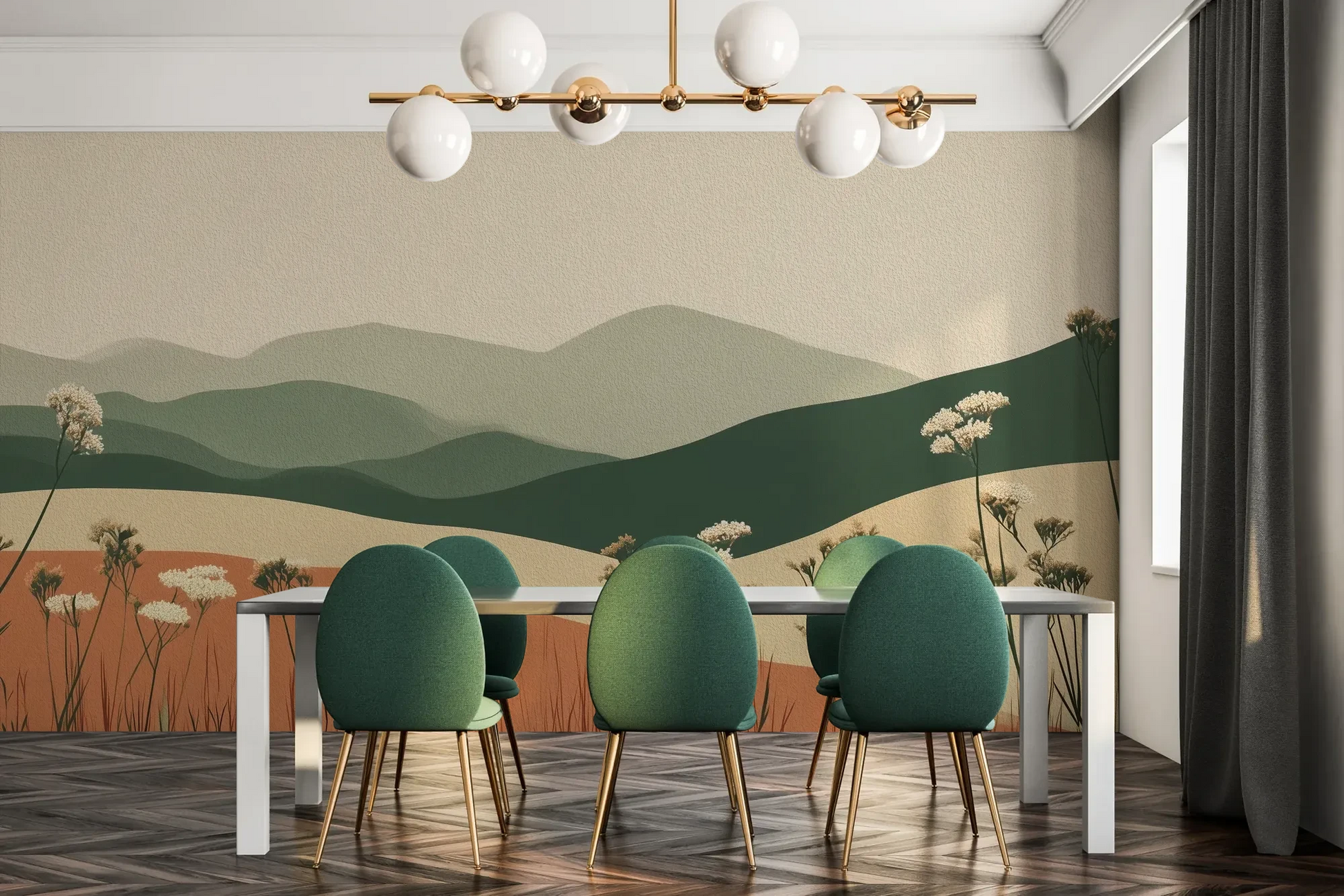 Fototapeta TERRACOTTA HIGHLANDS - tapeta z łąką i górami pokazana w aranżacji jadalni.