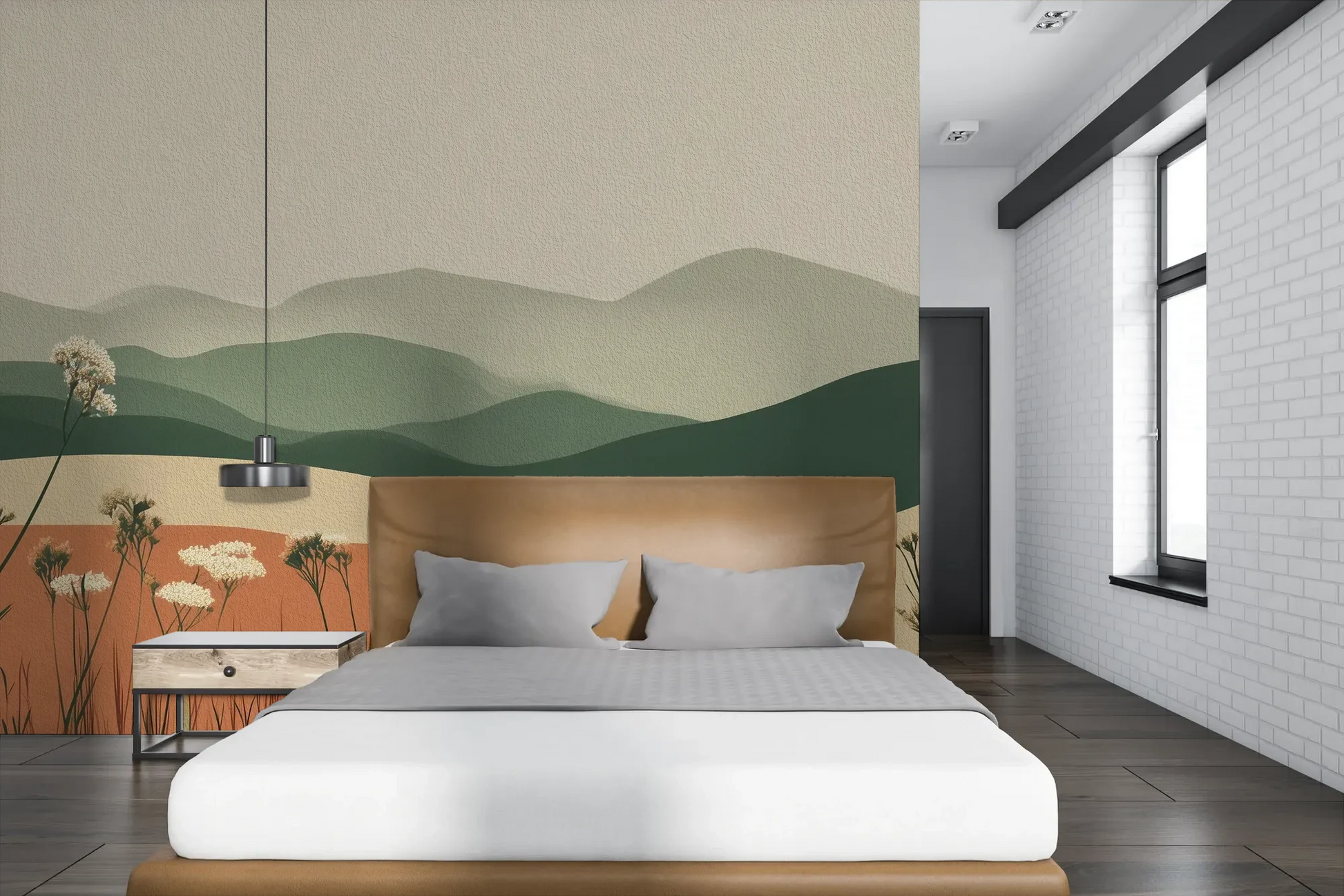 Wzór fototapety TERRACOTTA HIGHLANDS - tapeta z łąką i górami pokazanej w aranżacji sypialni.