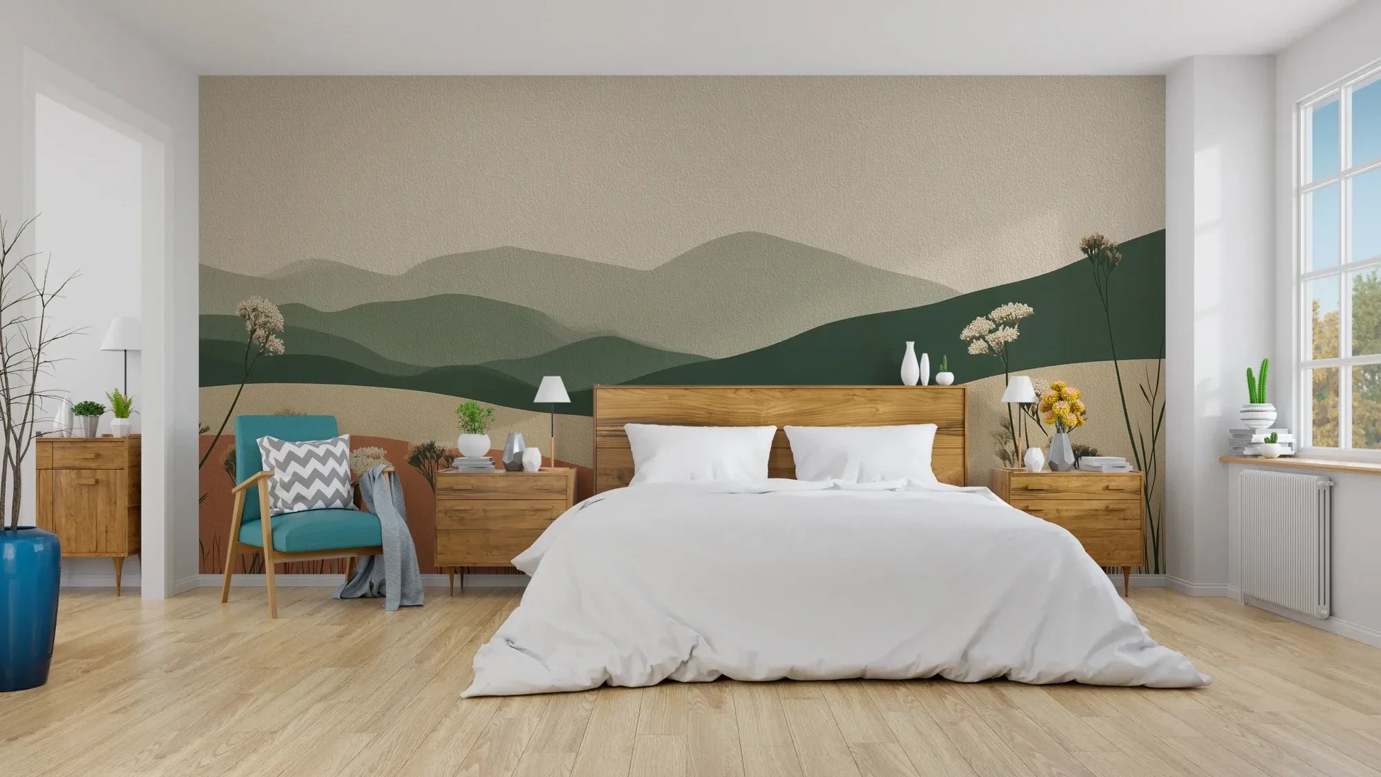 Wzór fototapety TERRACOTTA HIGHLANDS - tapeta z łąką i górami pokazanej w aranżacji sypialni.