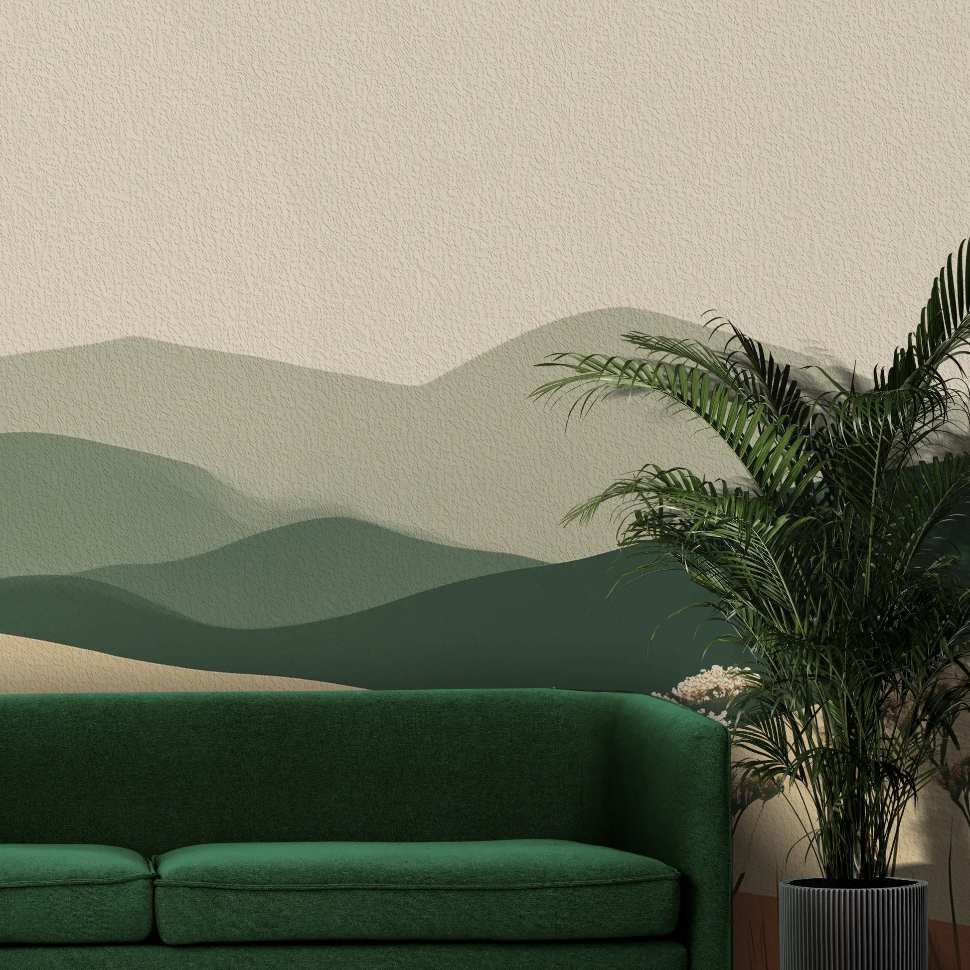 Fototapeta TERRACOTTA HIGHLANDS - tapeta z łąką i górami pokazana w aranżacji wnętrza z akcentem na ścianie.