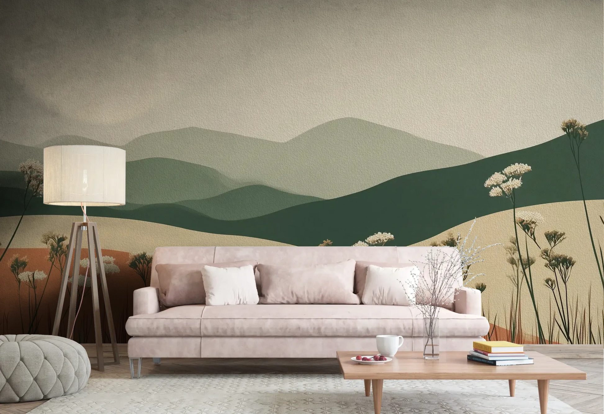 Wzór fototapety TERRACOTTA HIGHLANDS - tapeta z łąką i górami pokazanej w aranżacji salonu.