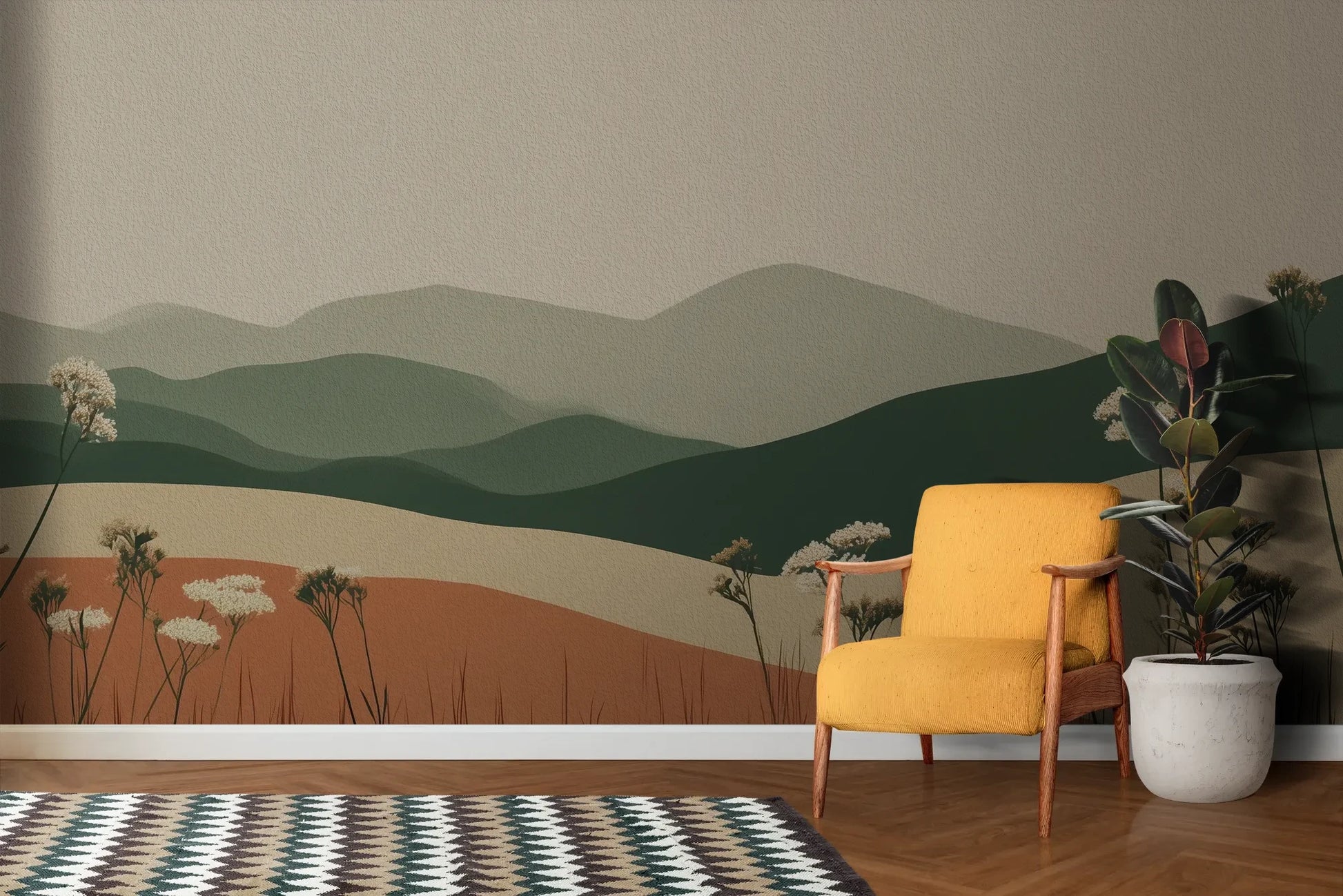 Wzór fototapety TERRACOTTA HIGHLANDS - tapeta z łąką i górami pokazanej w aranżacji salonu.