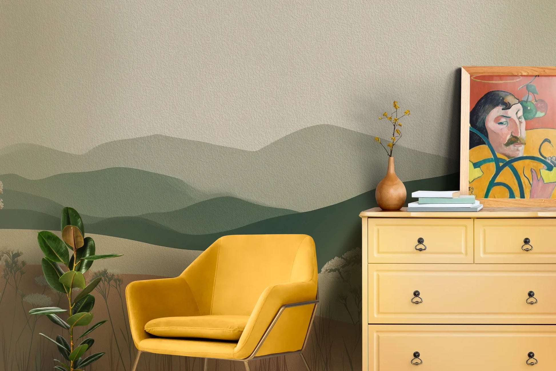 Wzór fototapety TERRACOTTA HIGHLANDS - tapeta z łąką i górami pokazanej w aranżacji salonu.