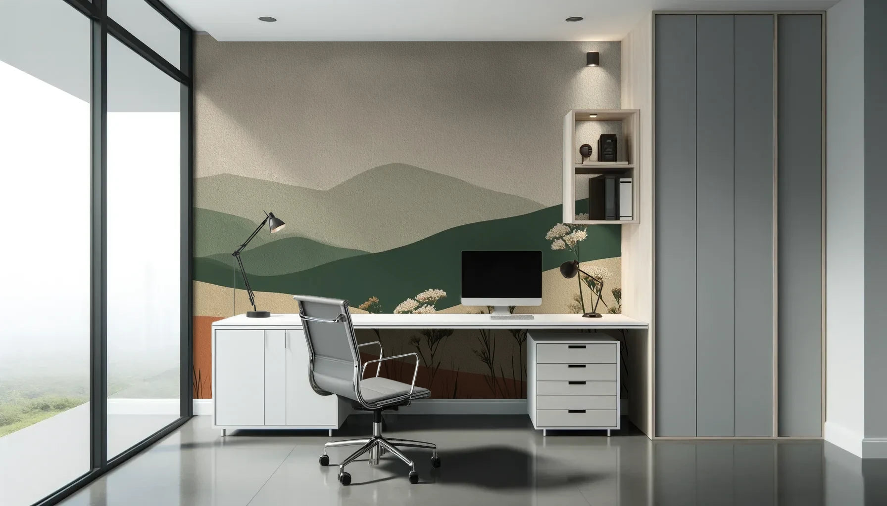 Fototapeta TERRACOTTA HIGHLANDS - tapeta z łąką i górami pokazana w aranżacji biura.