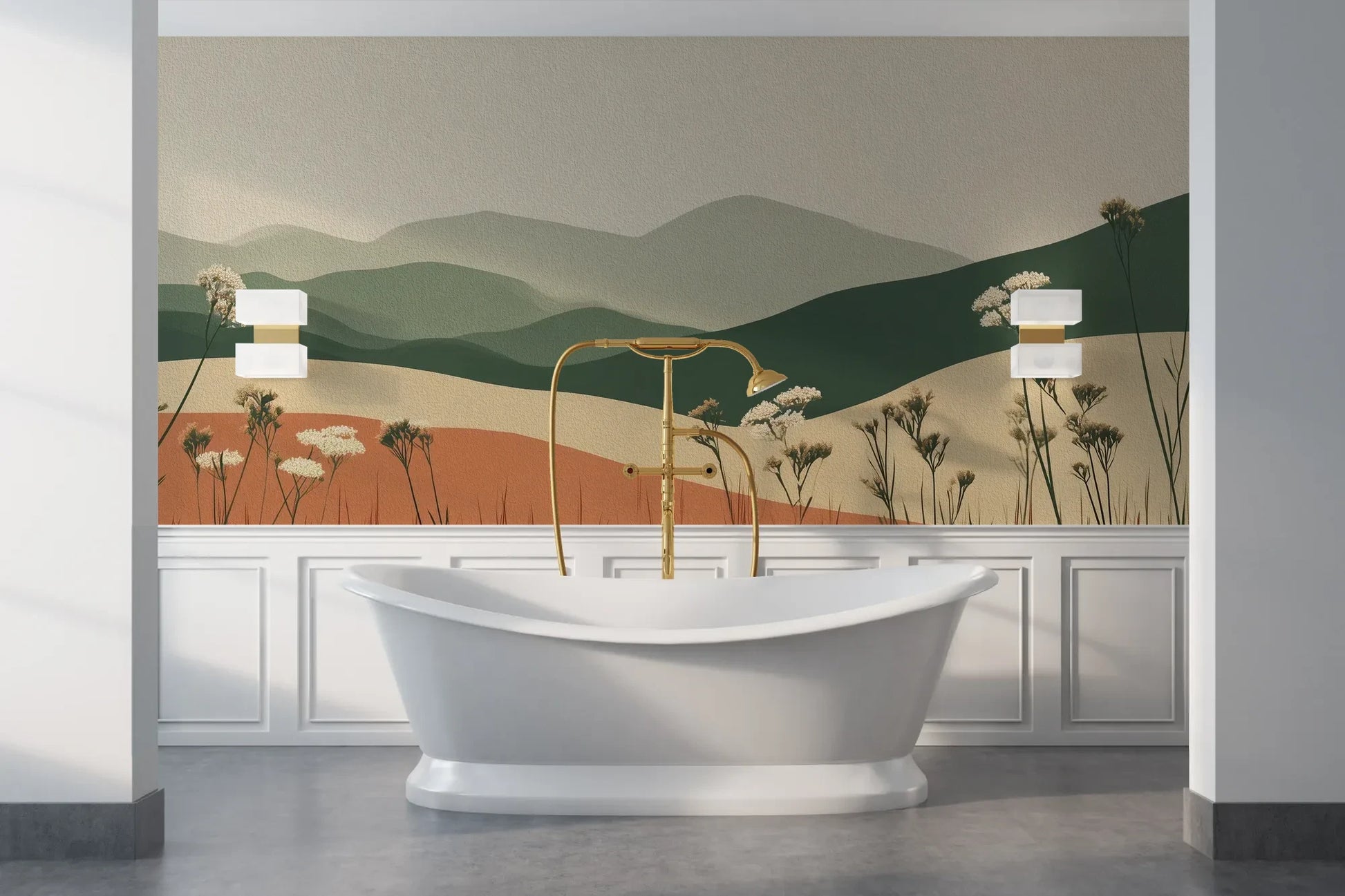 Wzór fototapety TERRACOTTA HIGHLANDS - tapeta z łąką i górami pokazanej w aranżacji łazienki.
