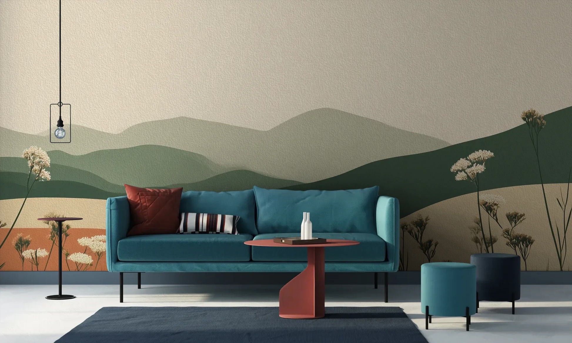 Wzór fototapety TERRACOTTA HIGHLANDS - tapeta z łąką i górami pokazanej w aranżacji salonu.