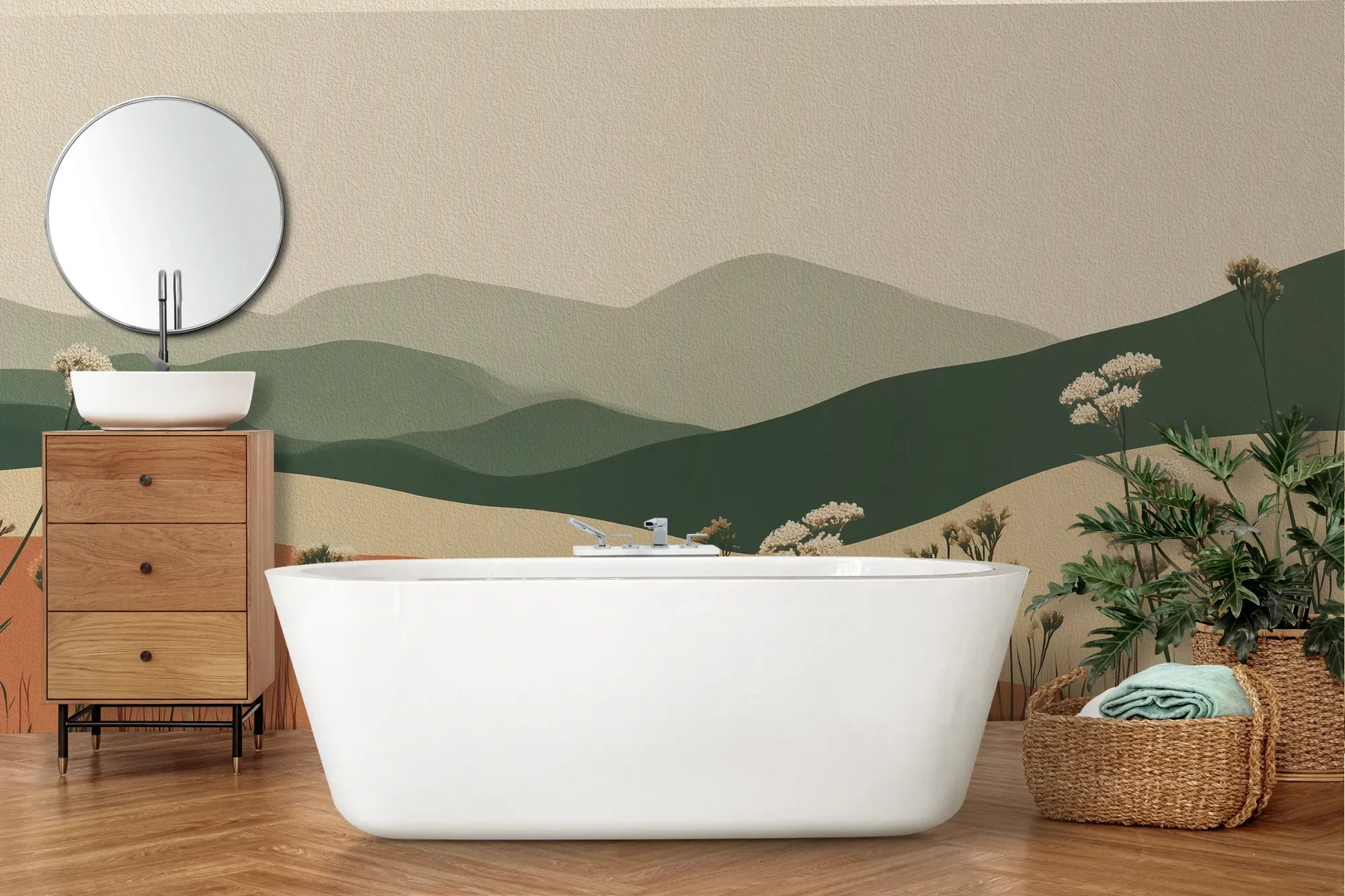 Wzór fototapety TERRACOTTA HIGHLANDS - tapeta z łąką i górami pokazanej w aranżacji łazienki.