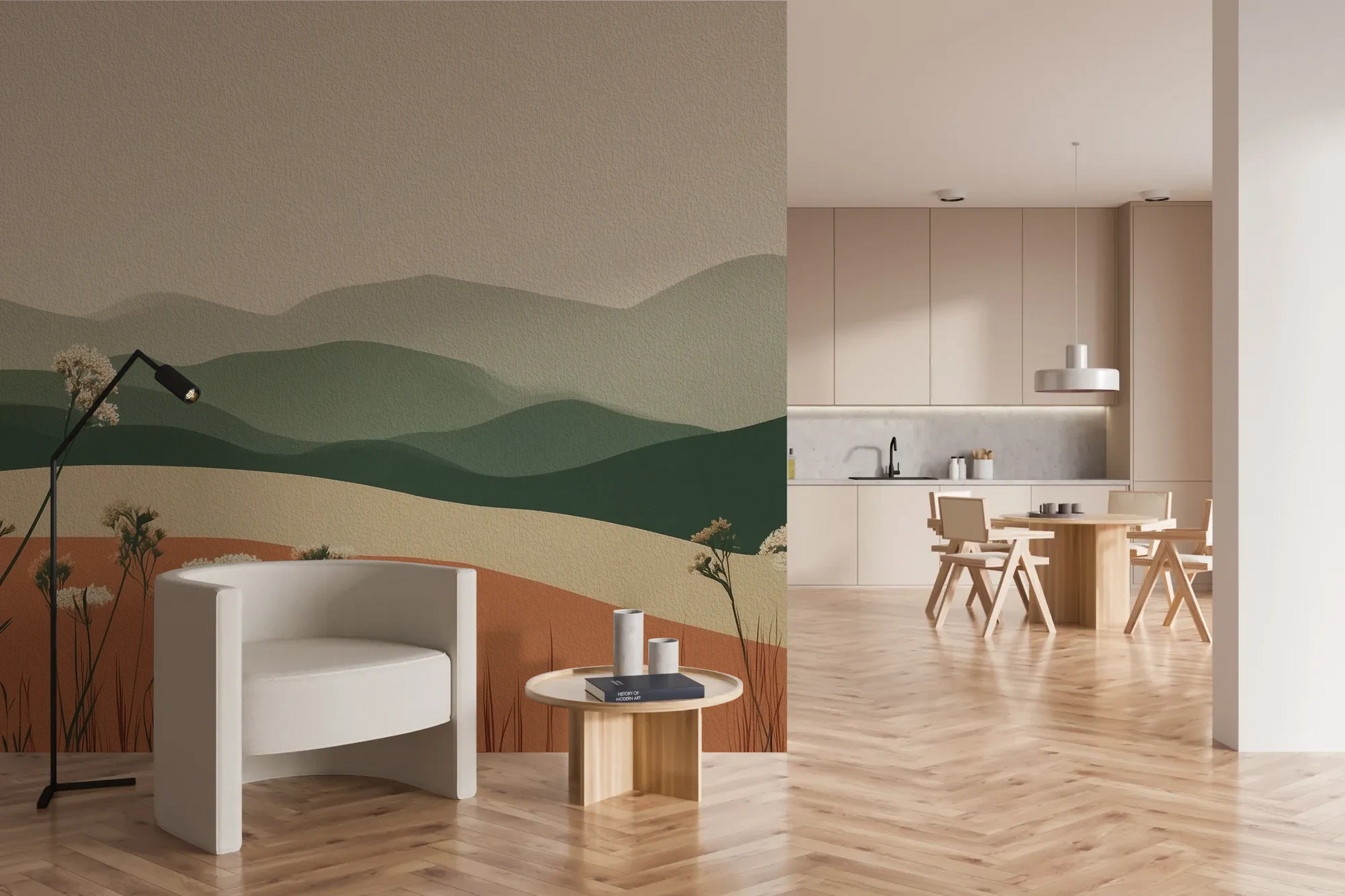 Wzór fototapety TERRACOTTA HIGHLANDS - tapeta z łąką i górami pokazanej w aranżacji kuchni.