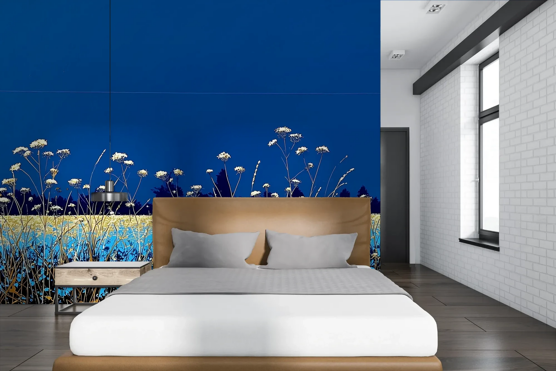 Wzór fototapety SAPPHIRE HORIZON - tapeta z lazurową łąką i białymi kwiatami pokazanej w aranżacji sypialni.