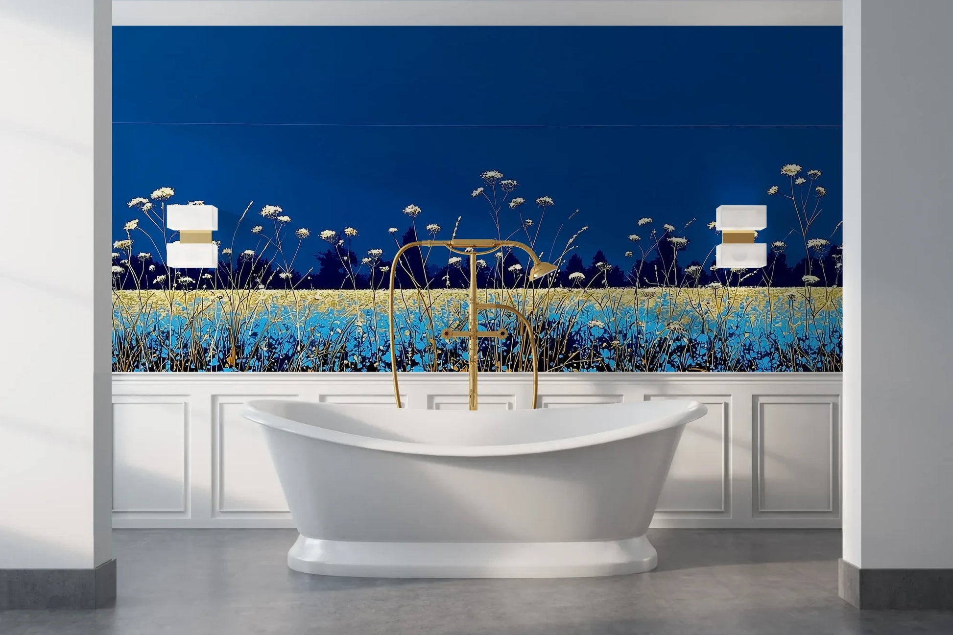 Wzór fototapety SAPPHIRE HORIZON - tapeta z lazurową łąką i białymi kwiatami pokazanej w aranżacji łazienki.