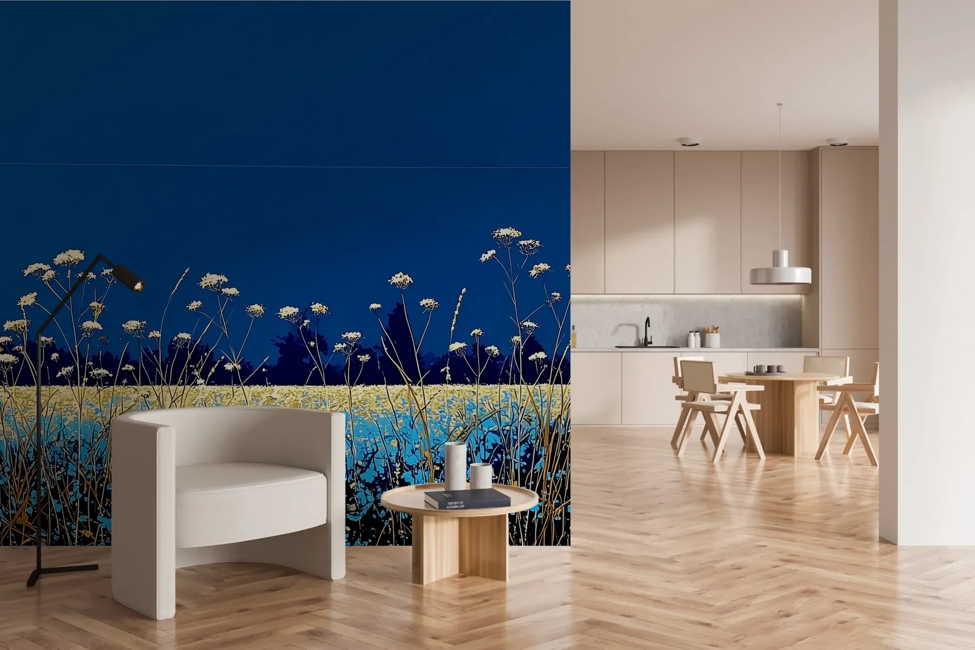 Wzór fototapety SAPPHIRE HORIZON - tapeta z lazurową łąką i białymi kwiatami pokazanej w aranżacji kuchni.