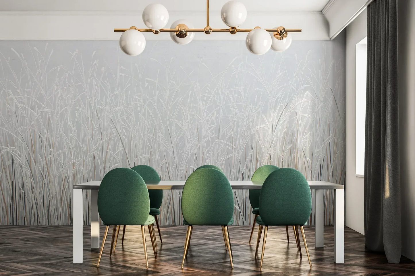 Fototapeta FROSTBOUND SERENITY - tapeta z zimowymi trawami w szarej mgle pokazana w aranżacji jadalni.