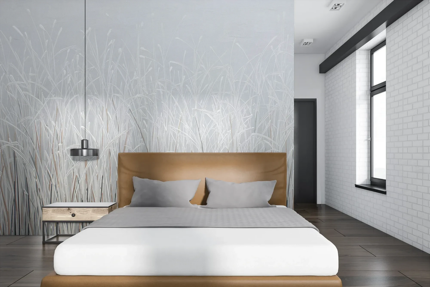 Wzór fototapety FROSTBOUND SERENITY - tapeta z zimowymi trawami w szarej mgle pokazanej w aranżacji sypialni.
