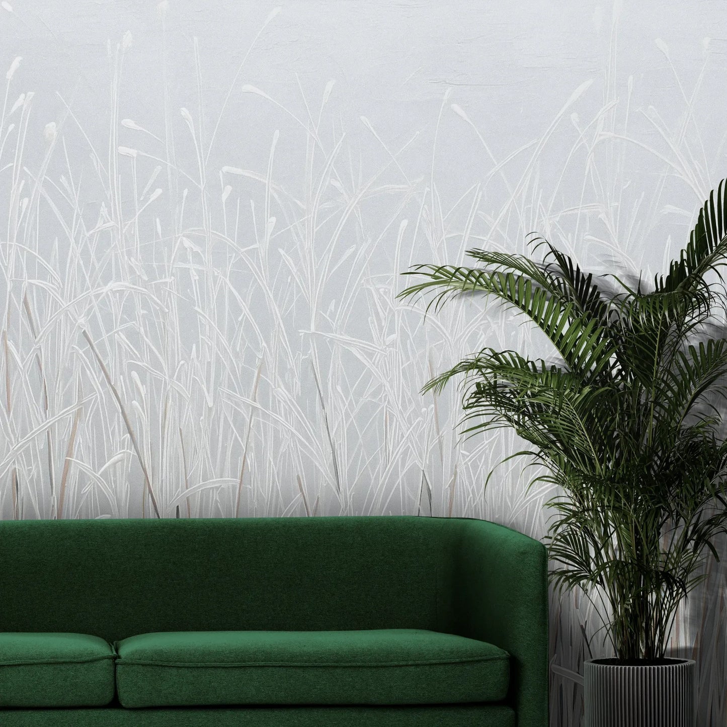 Fototapeta FROSTBOUND SERENITY - tapeta z zimowymi trawami w szarej mgle pokazana w aranżacji wnętrza z akcentem na ścianie.