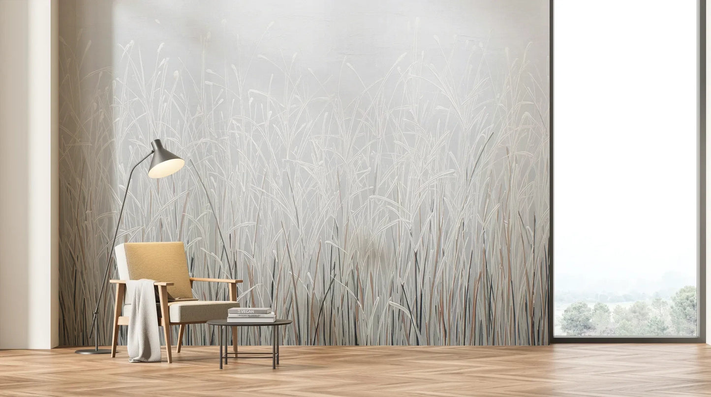 Wzór fototapety FROSTBOUND SERENITY - tapeta z zimowymi trawami w szarej mgle pokazanej w aranżacji salonu.