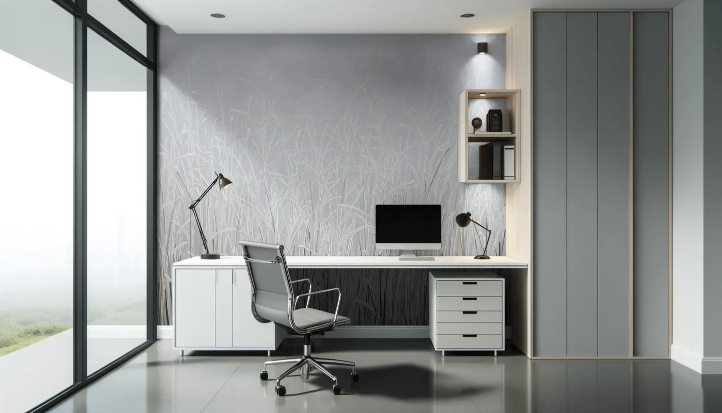Fototapeta FROSTBOUND SERENITY - tapeta z zimowymi trawami w szarej mgle pokazana w aranżacji biura.