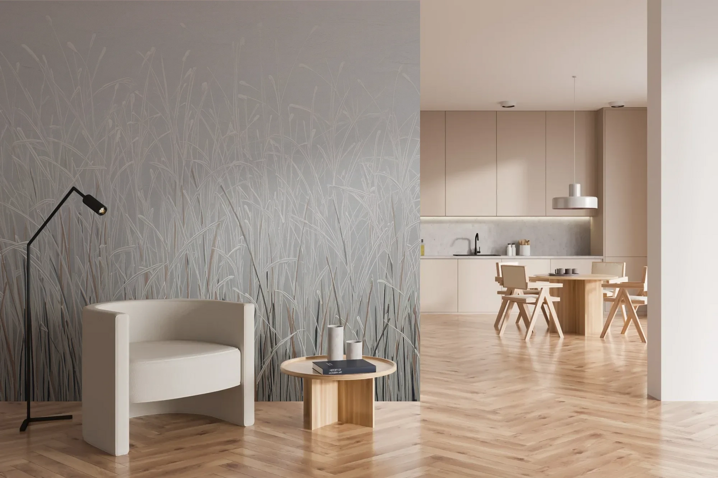 Wzór fototapety FROSTBOUND SERENITY - tapeta z zimowymi trawami w szarej mgle pokazanej w aranżacji kuchni.