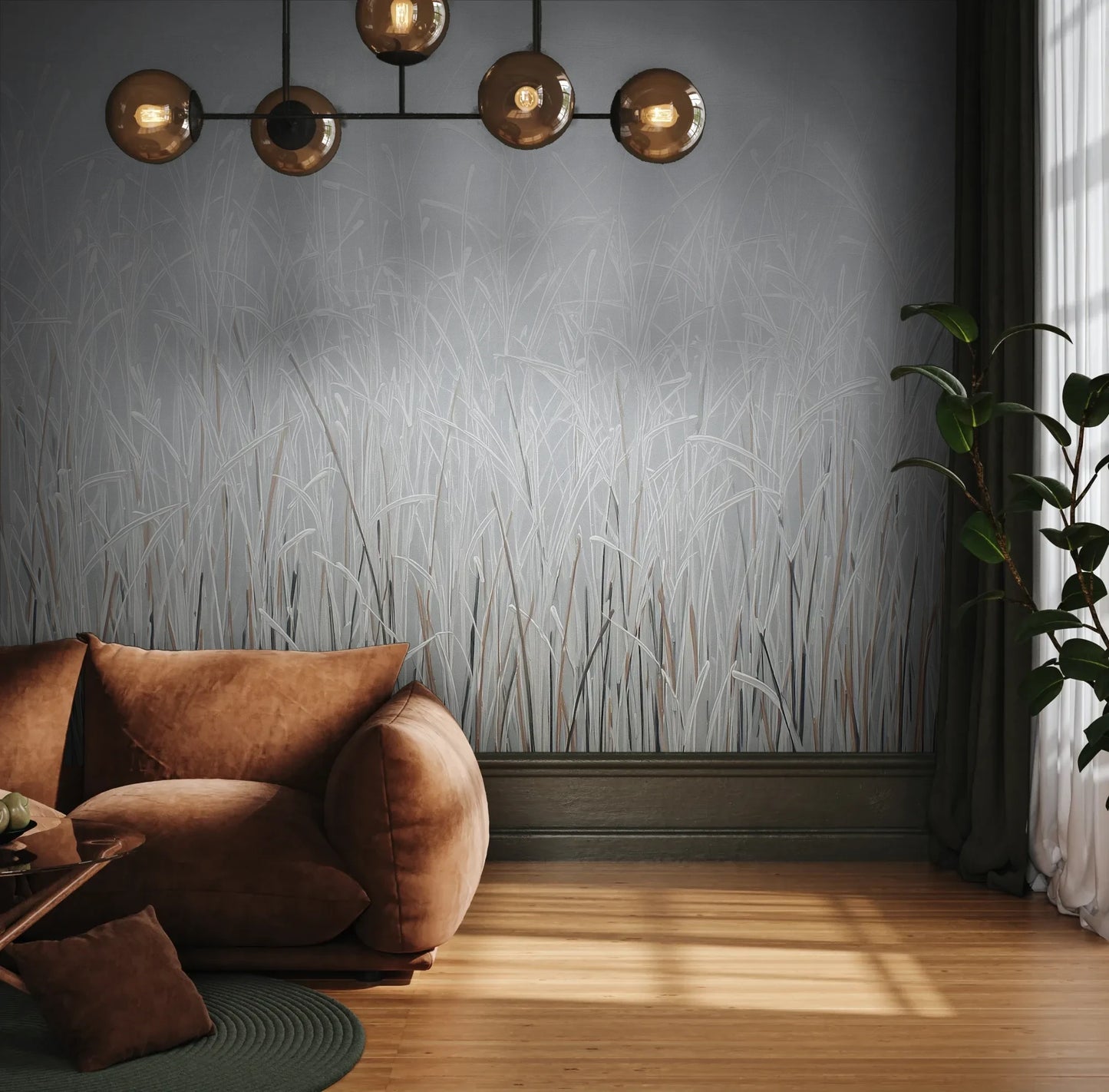 Fototapeta FROSTBOUND SERENITY - tapeta z zimowymi trawami w szarej mgle pokazana w aranżacji wnętrza z akcentem na ścianie.